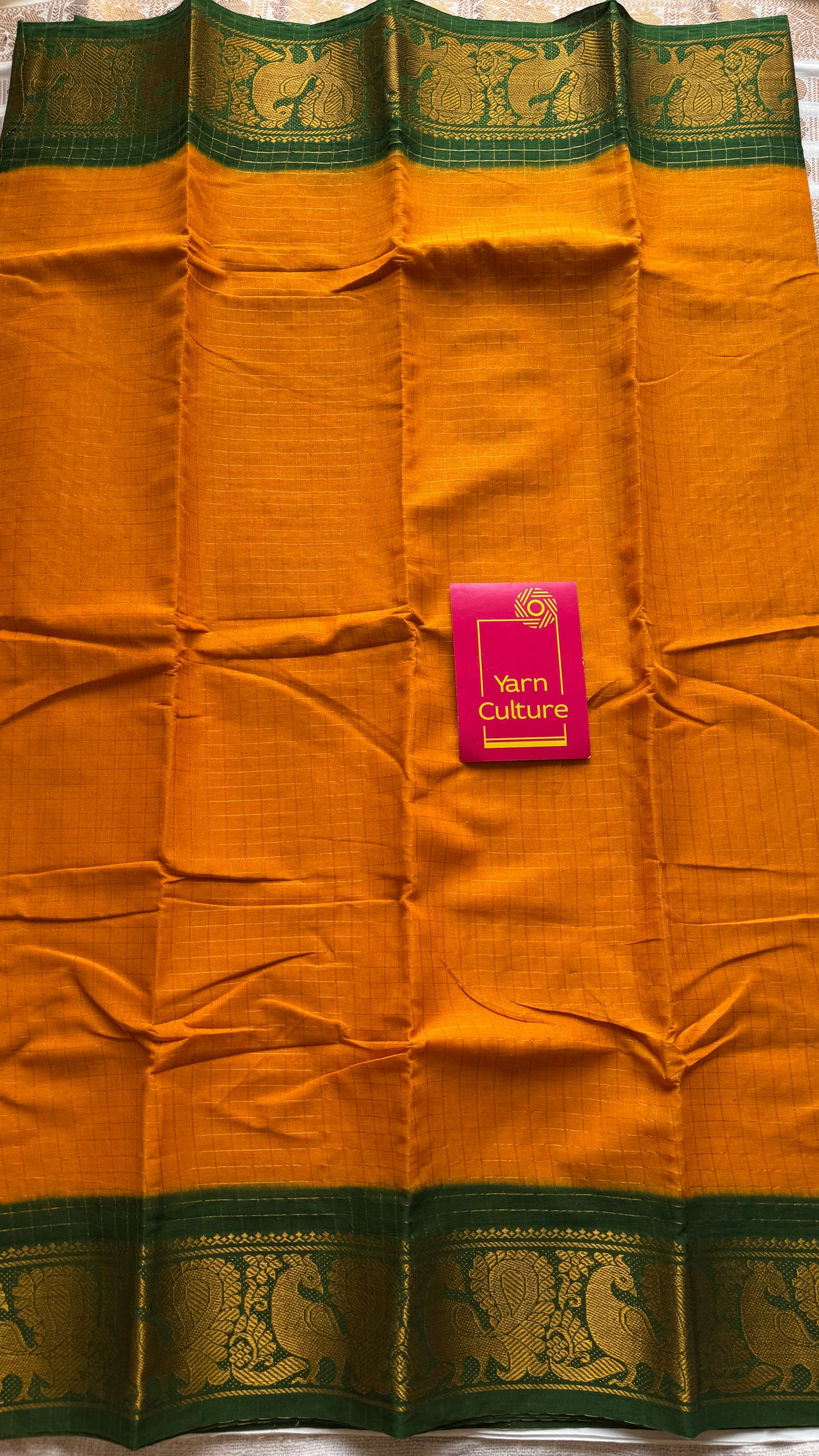 Mango yellow with green contrast zari checkered sungudi, kattuchayam dyed madurai cotton - YCCOTNMSAP181