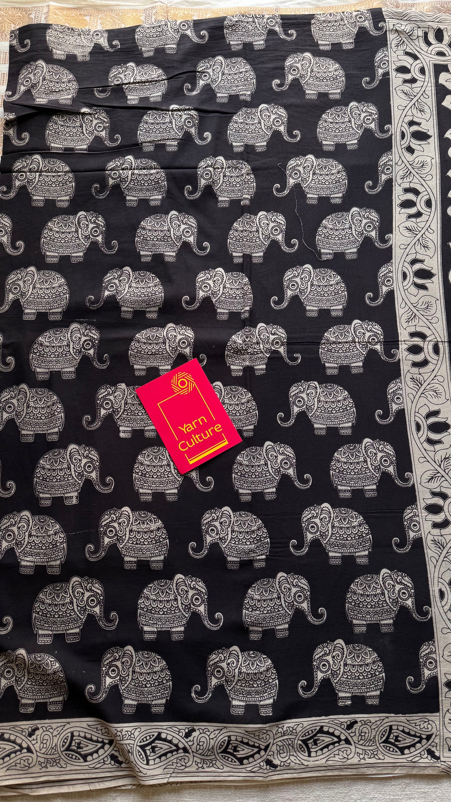 Black kalamkari saree, elephant motifs, soft cotton - YCWOTDMA349