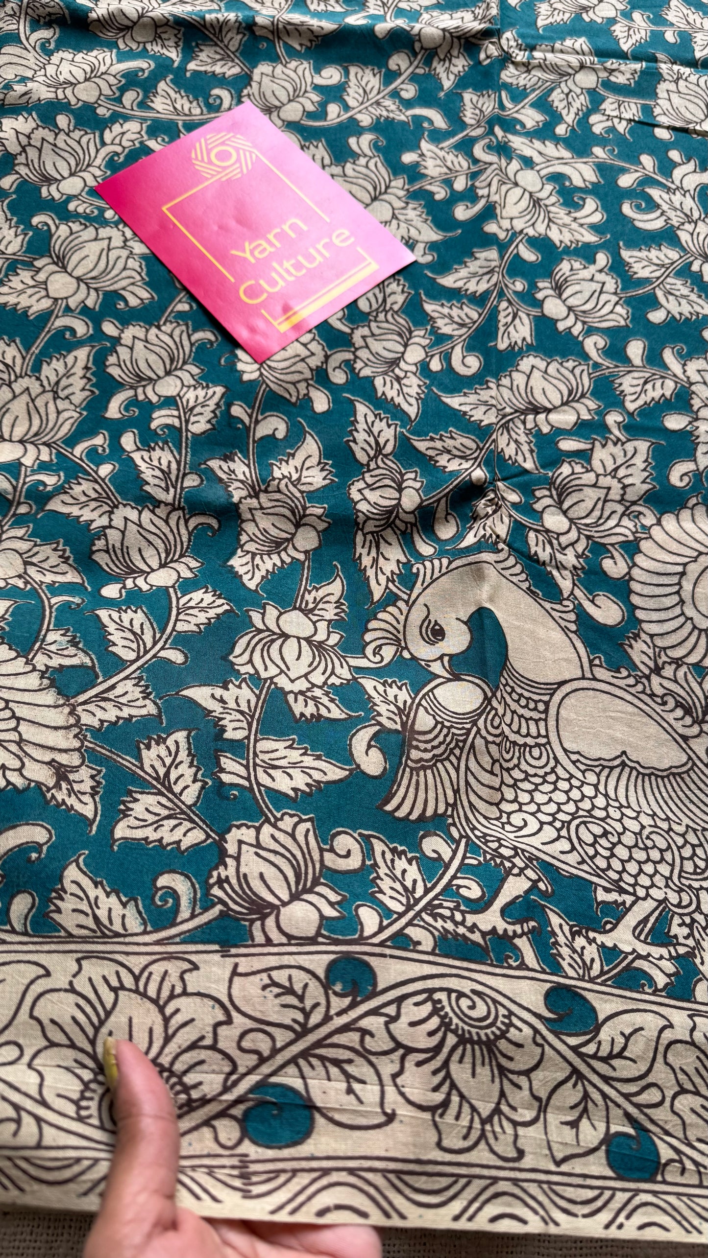 Teal with beige kalamkari, floral vines, soft cotton - YCWOTDOCMP89