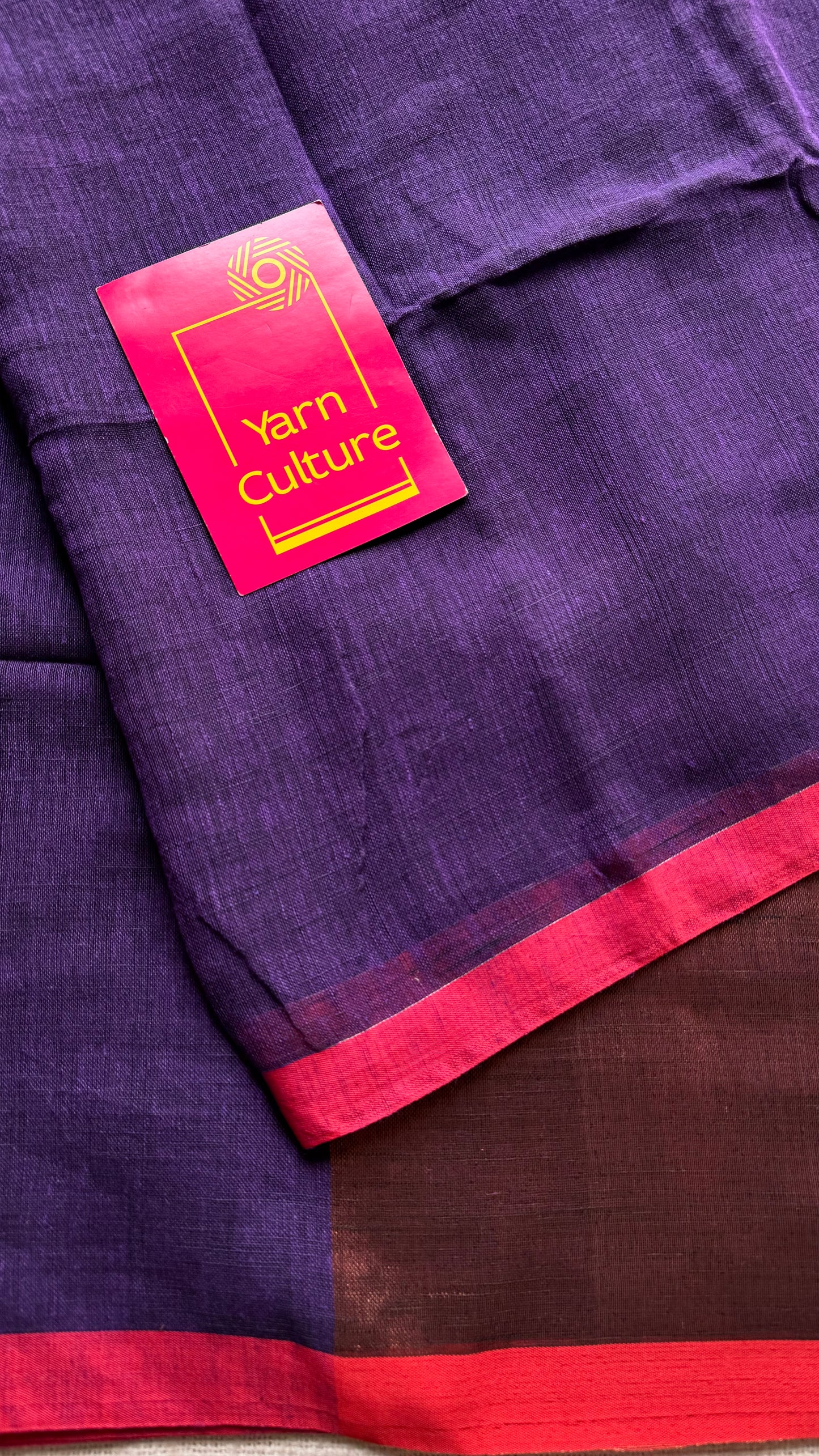 Purple plain linen by cotton saree with copper zari pallu - YCBCLCFE396