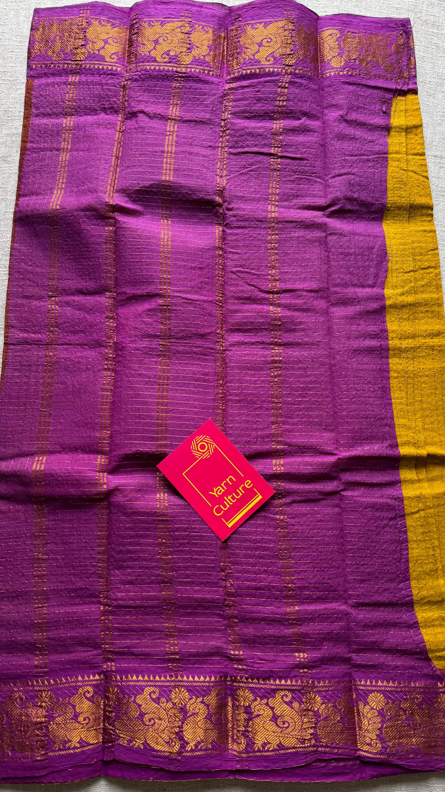 Ginger yellow with magenta checkered sungudi, madurai cotton - YCCOTNSUDE46