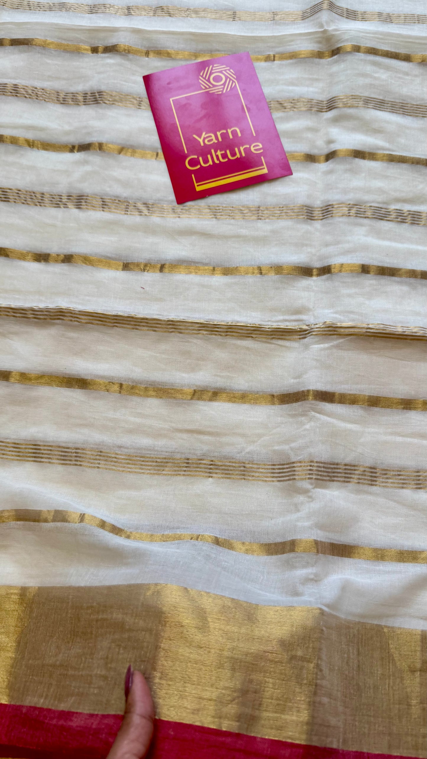 Ivory mul saree, gold stripes with red border - YCIEON04