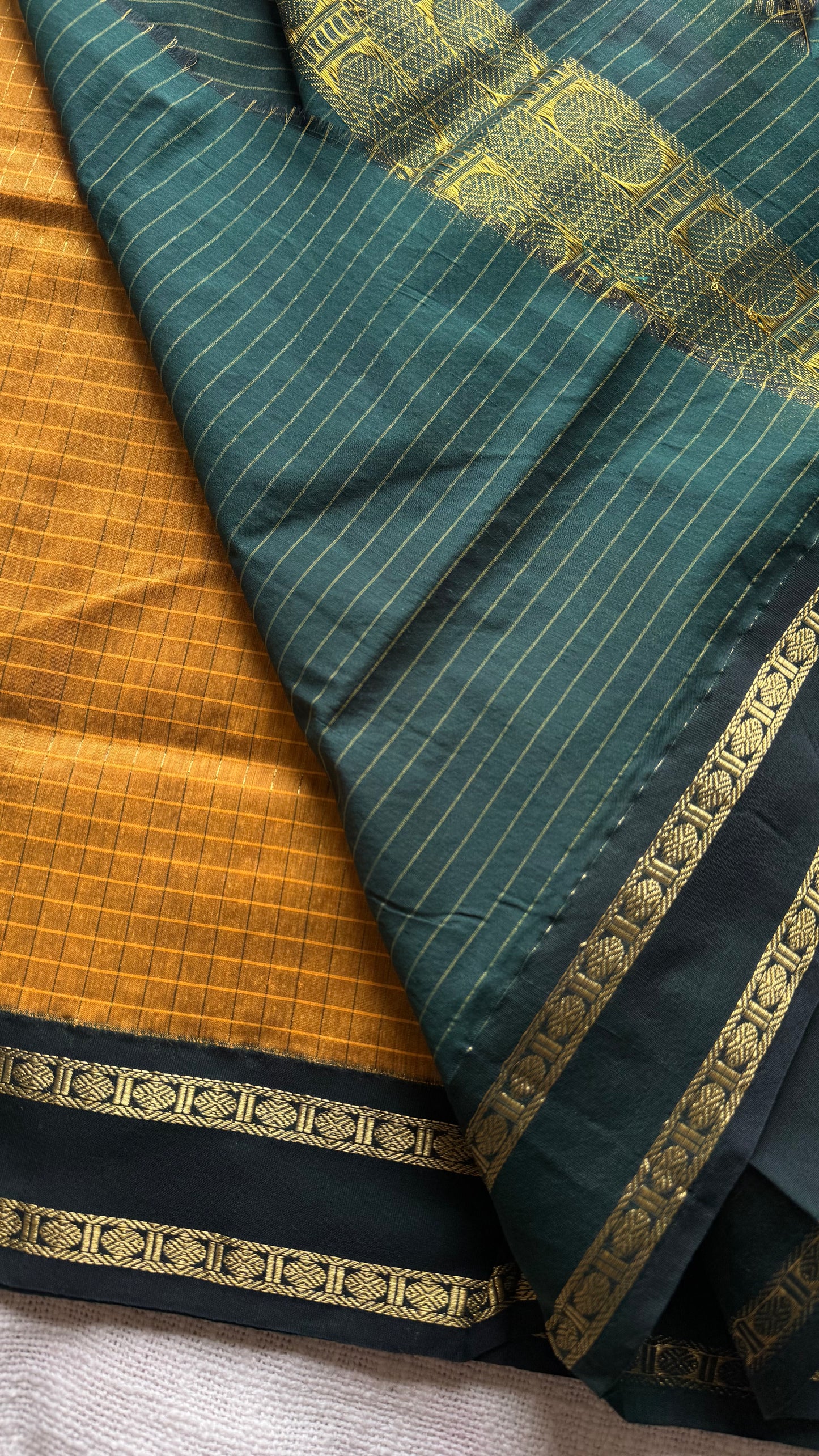 Mustard yellow with dark green contrast arani checkered saree, cotton silk - YCCOTNAUG12