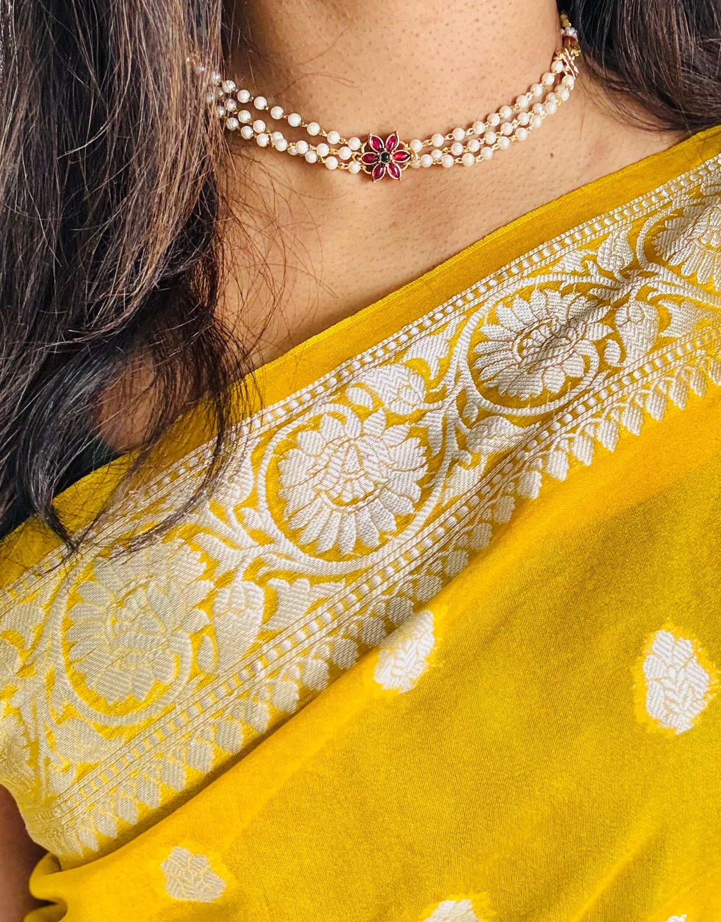 3 layered pearl neckpiece, floral pendant, with earrings - YCGPNP641