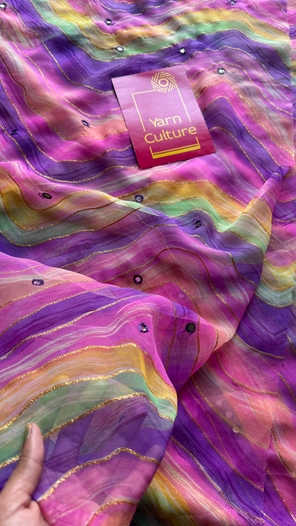 Purple pink multicoloured leheriya chiffon saree with mirror work  - YCTORLOC95