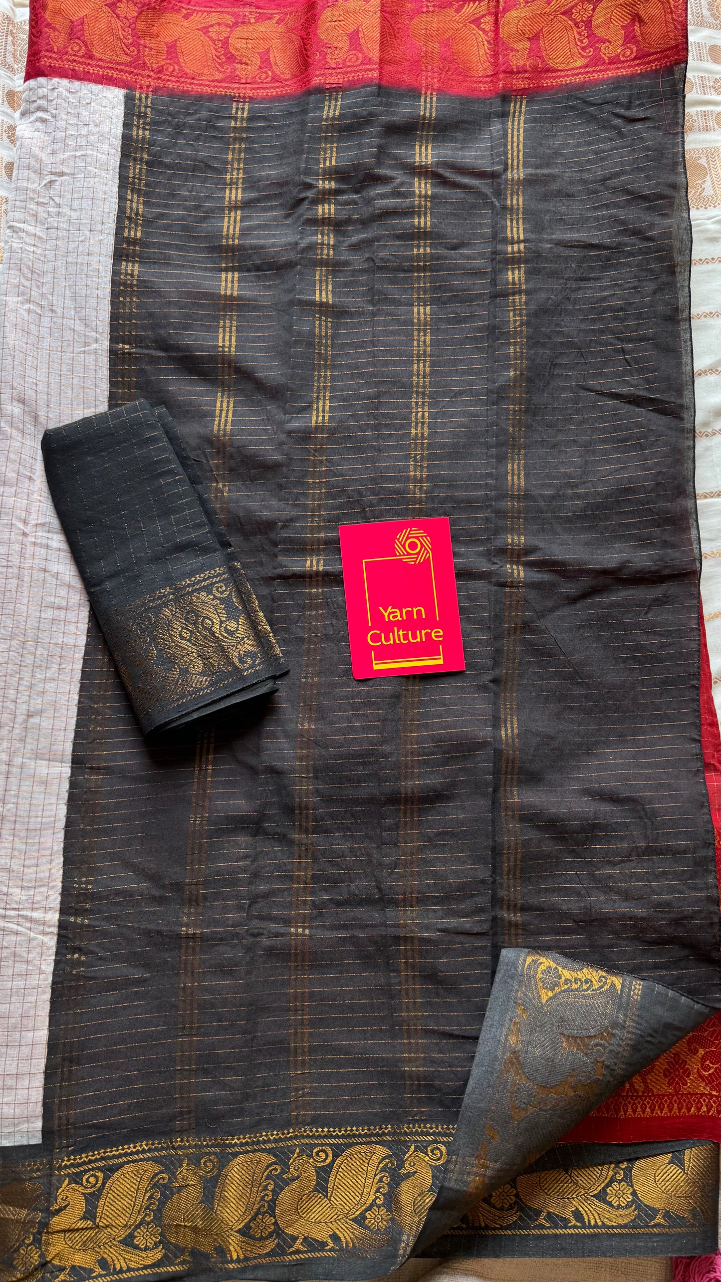 Ivory and red border with chilli red, sungudi cotton half-half saree - YCCOTNIDMA295