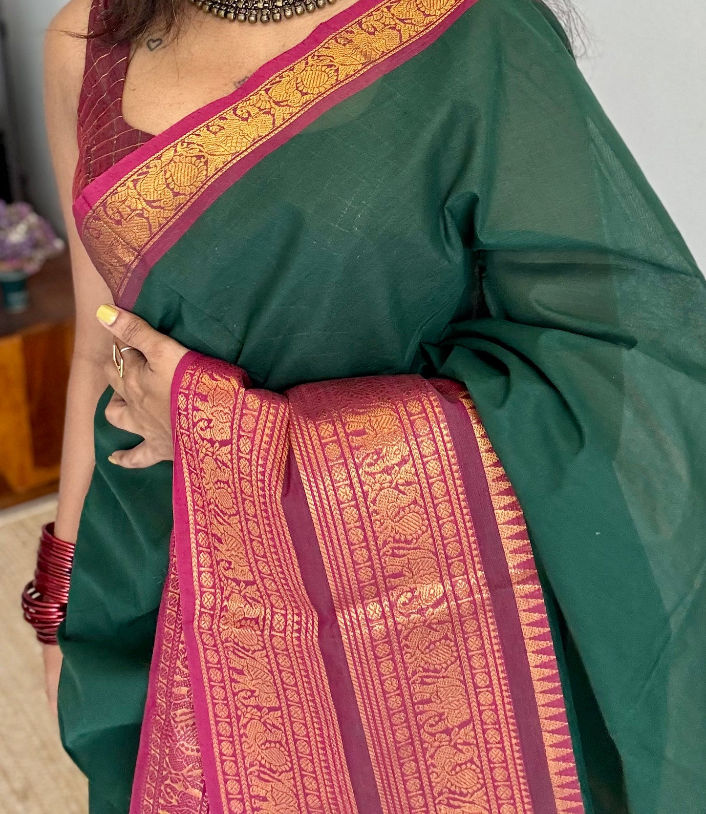 Dark green with magenta wide zari border, kanchi cotton - YCCOTNKCJA216