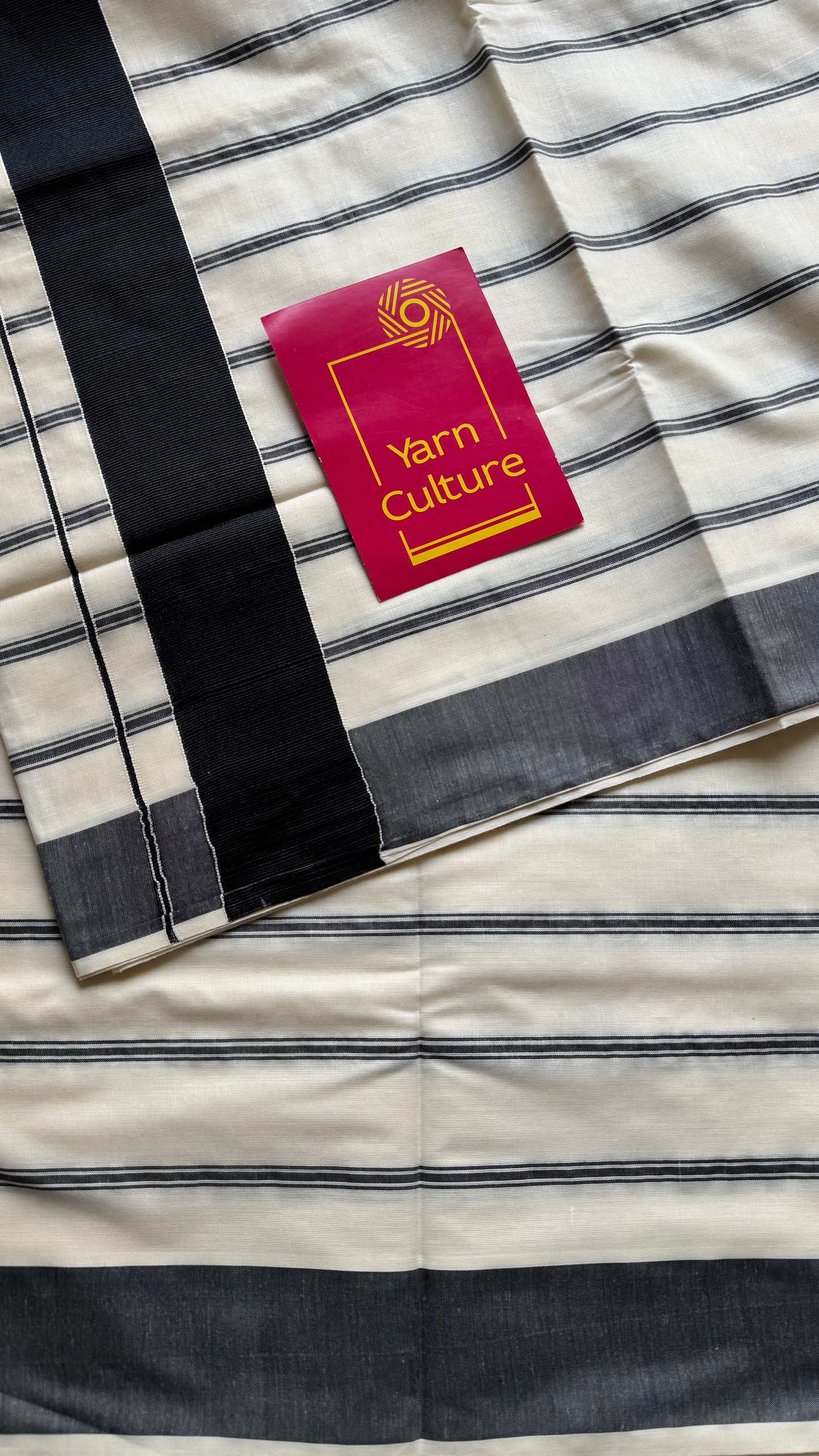 Ivory Kerala cotton saree with black stripes and border - YCIEKCFE321