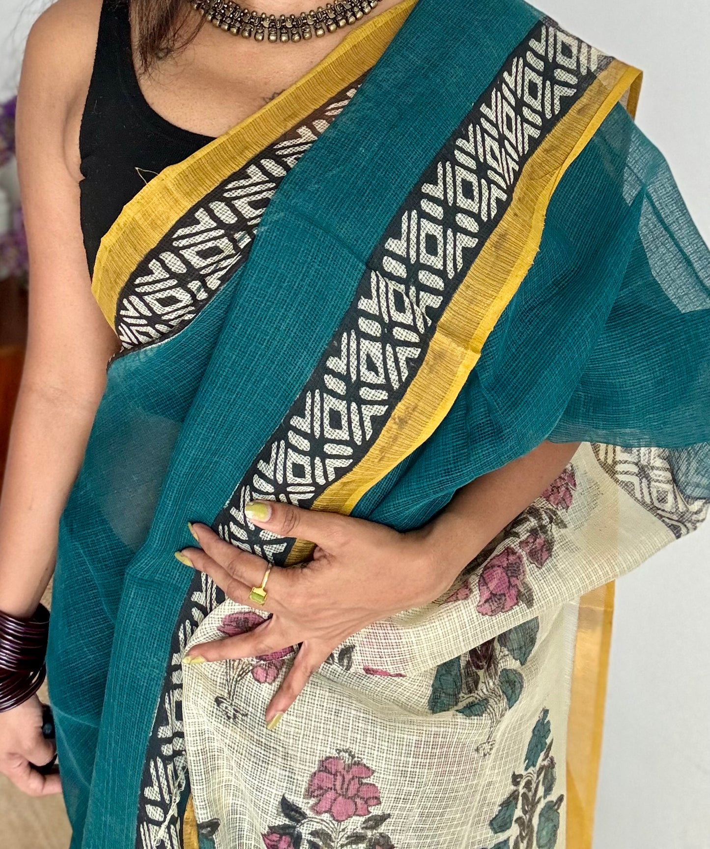 Teal Tadka - teal blue with yellow kota doria saree, with gold zari border - YCTORKDAP11