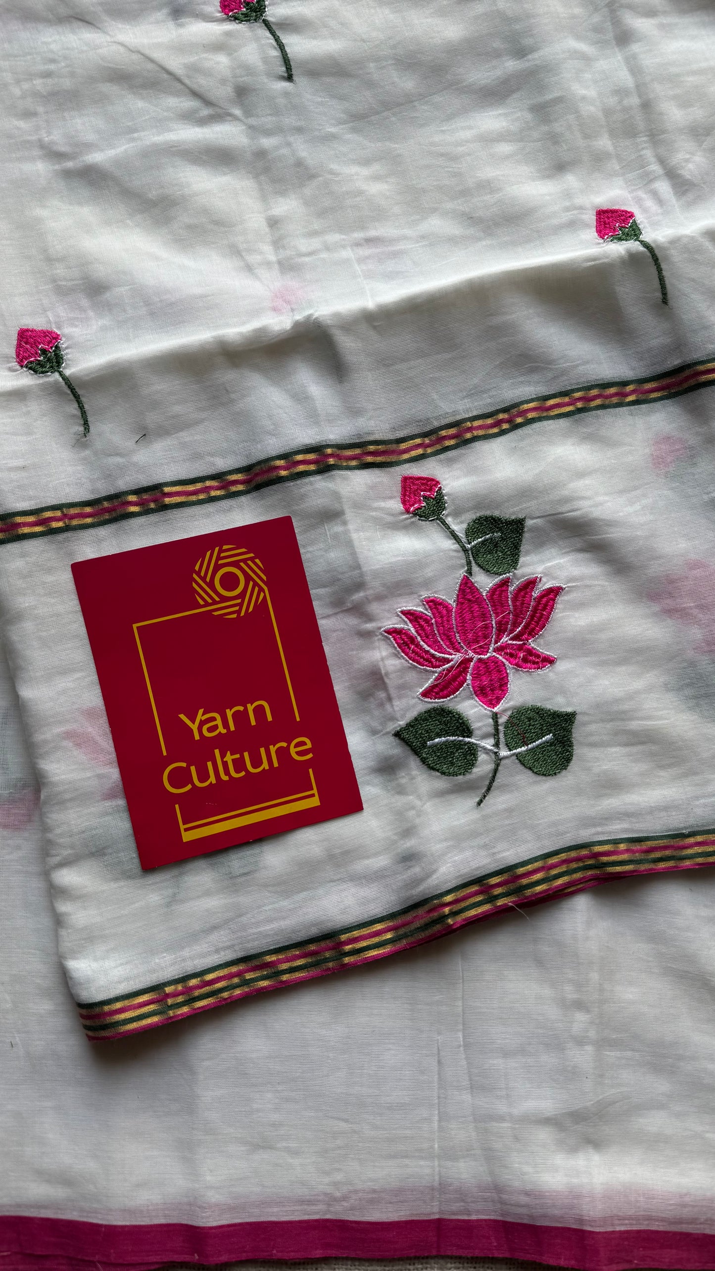 White mul with pink lotus embroidery and coloured zari - YCBCMCNO63