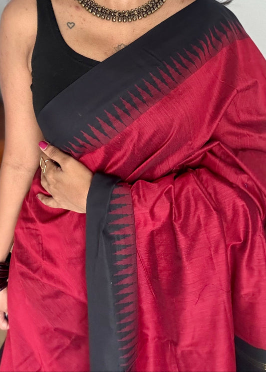 Red with black temple border - cotton silk - YCCOTNOCKCS4