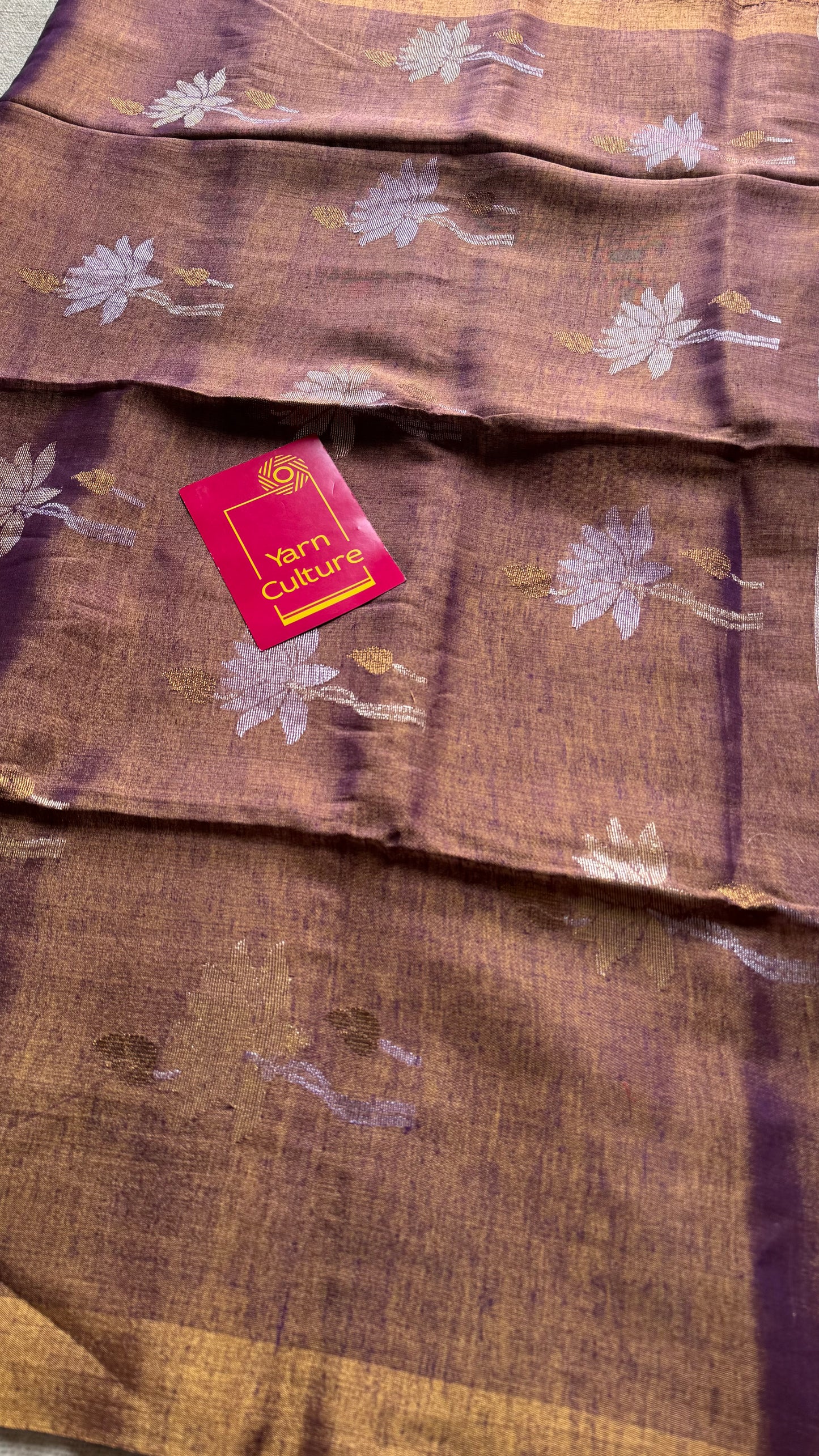 Handwoven purple gold dual tone tissue linen saree with lotus motifs - YCBCLTFE401