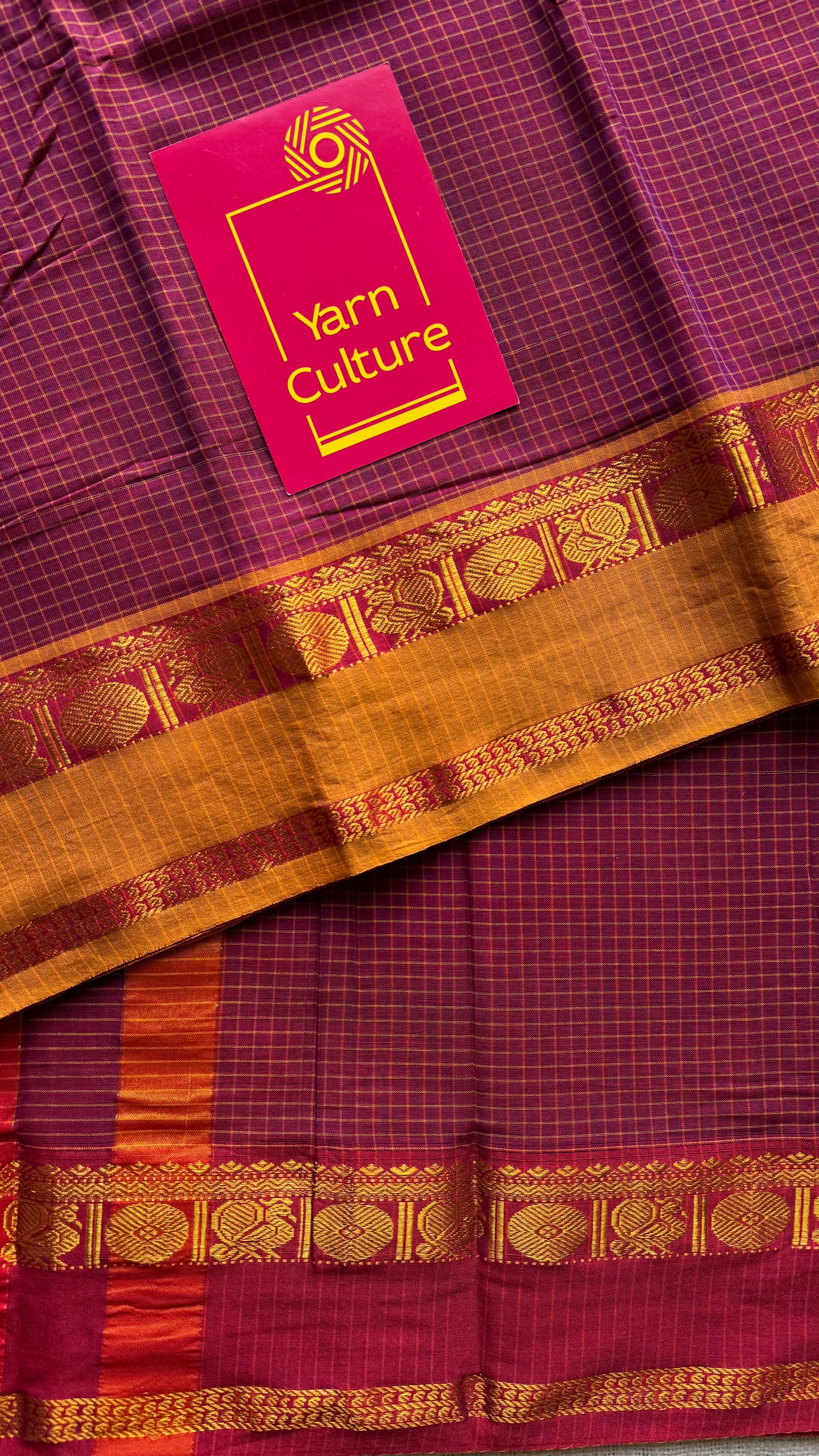 Berry pink checks with red and yellow ganga jamuna borders, premium narayanpet soft cotton - YCWOTDNPJA156