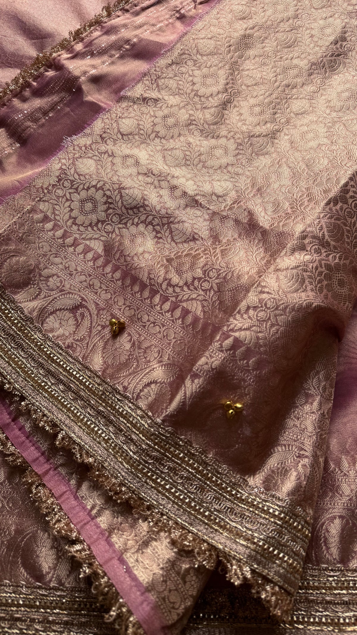 Pink gold tissue Banarasi saree with ghungroo embellishments and zari border - YCBLTOC71