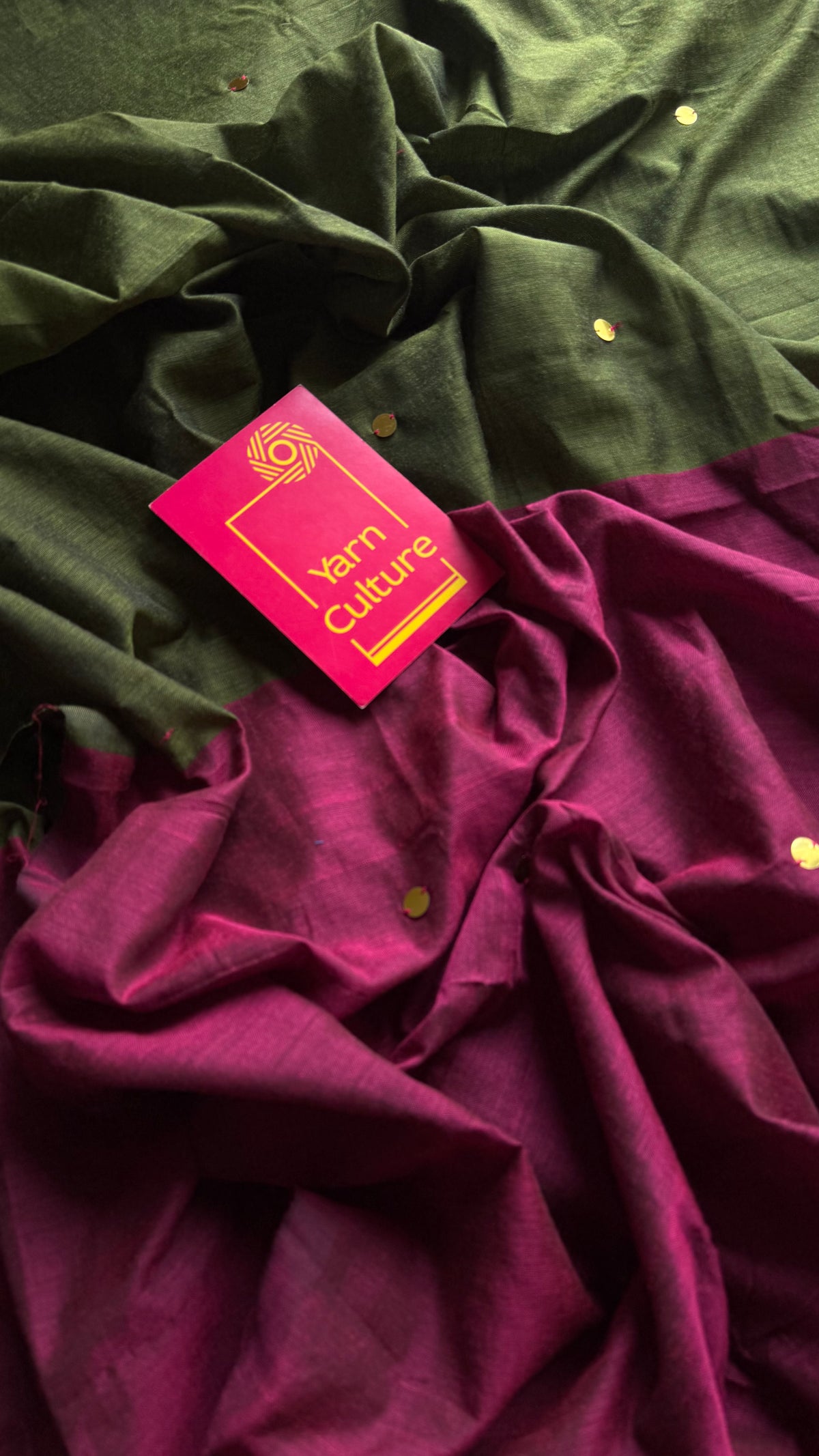 Olive green with ruby contrast pallu, gini sequins, soft cotton saree - YCBCSCOC07