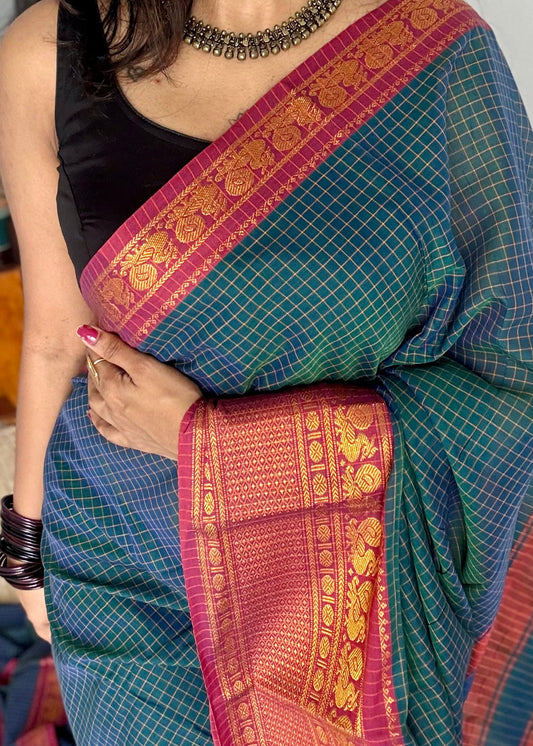 Teal checks with zari border, premium narayanpet, soft cotton - YCWOTDOCNP03