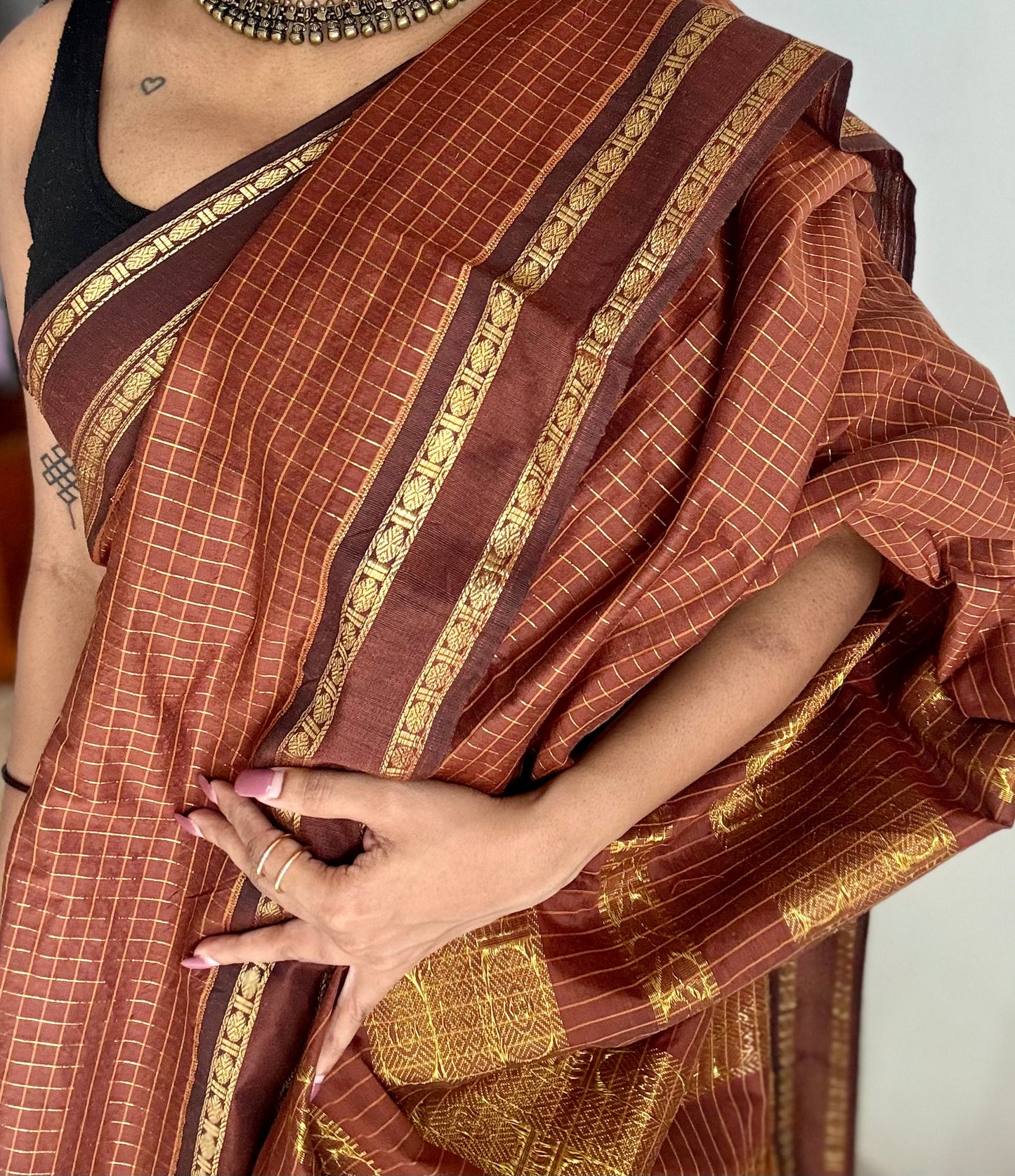 Brown, arani zari checks saree, cotton silk - YCCOTNAUG14