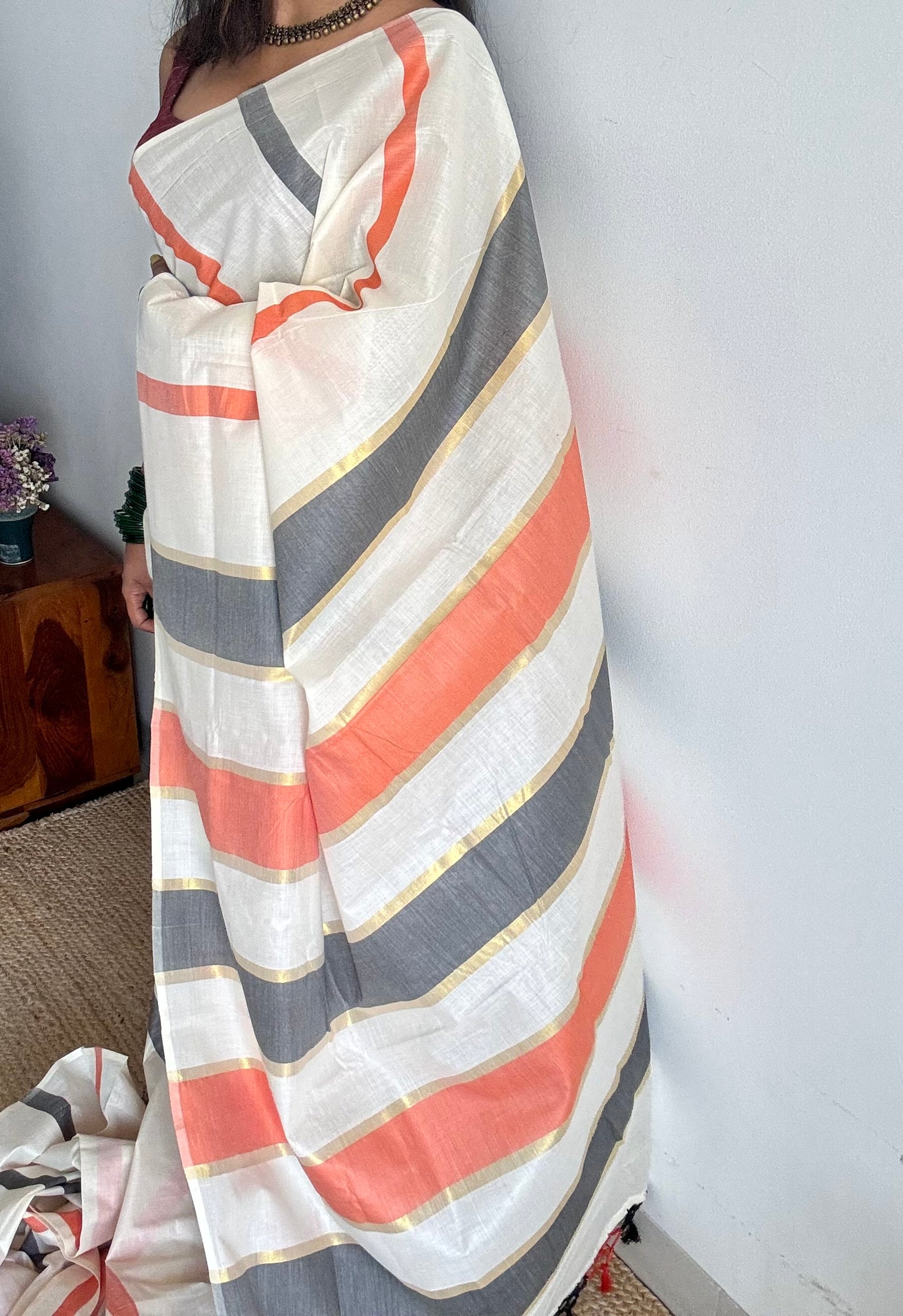 Ivory Kerala cotton saree with peach and dark grey stripes - YCIEKCFE305
