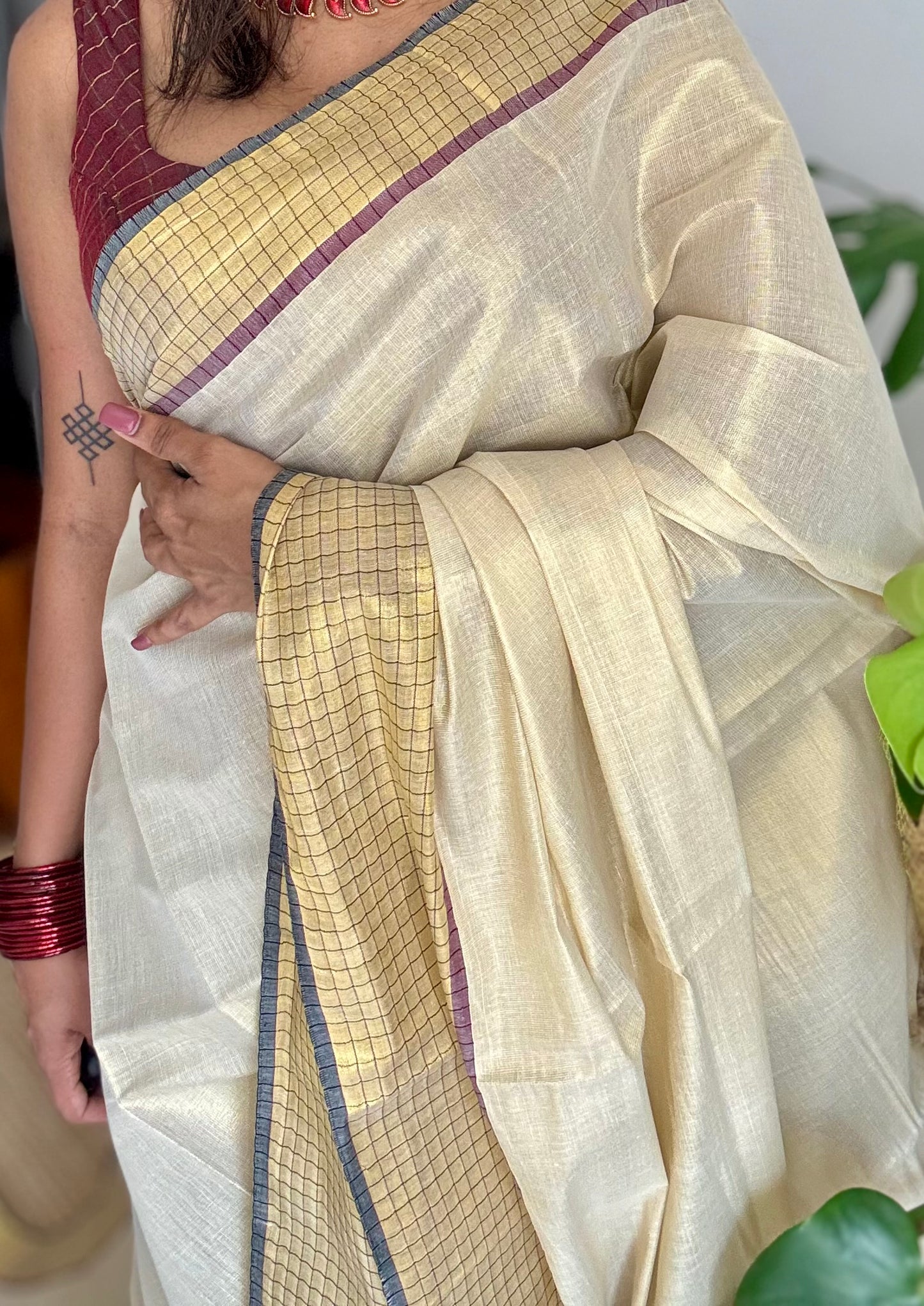 Ivory and gold soft tissue cotton saree, black and red, checkered border - YCIEON78