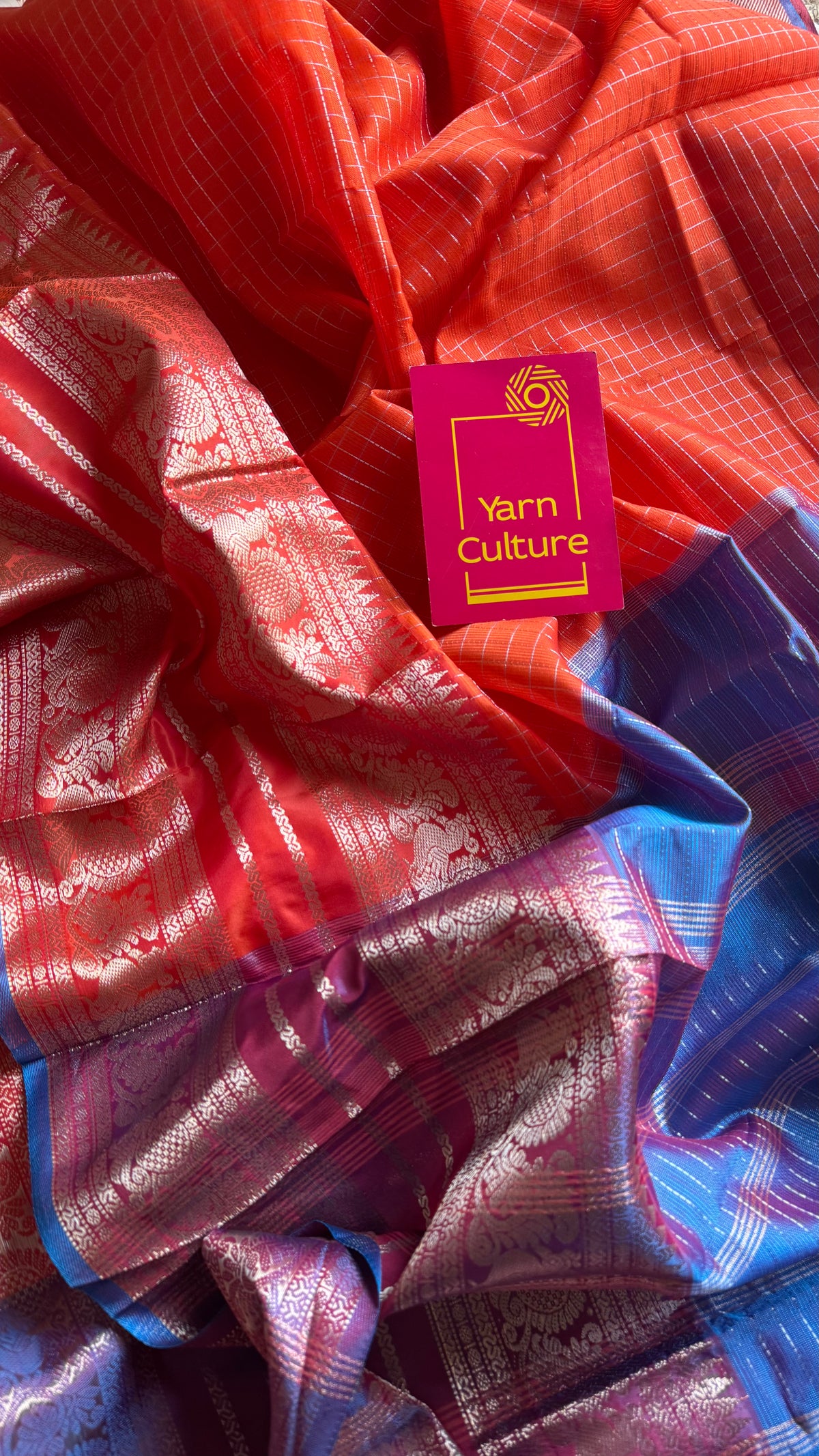 Orange with blue silver zari checks, silver and gold peacock woven zari border, mangalgiri silk cotton, handwoven, soft, light weight - YCWOTDMSCOC122