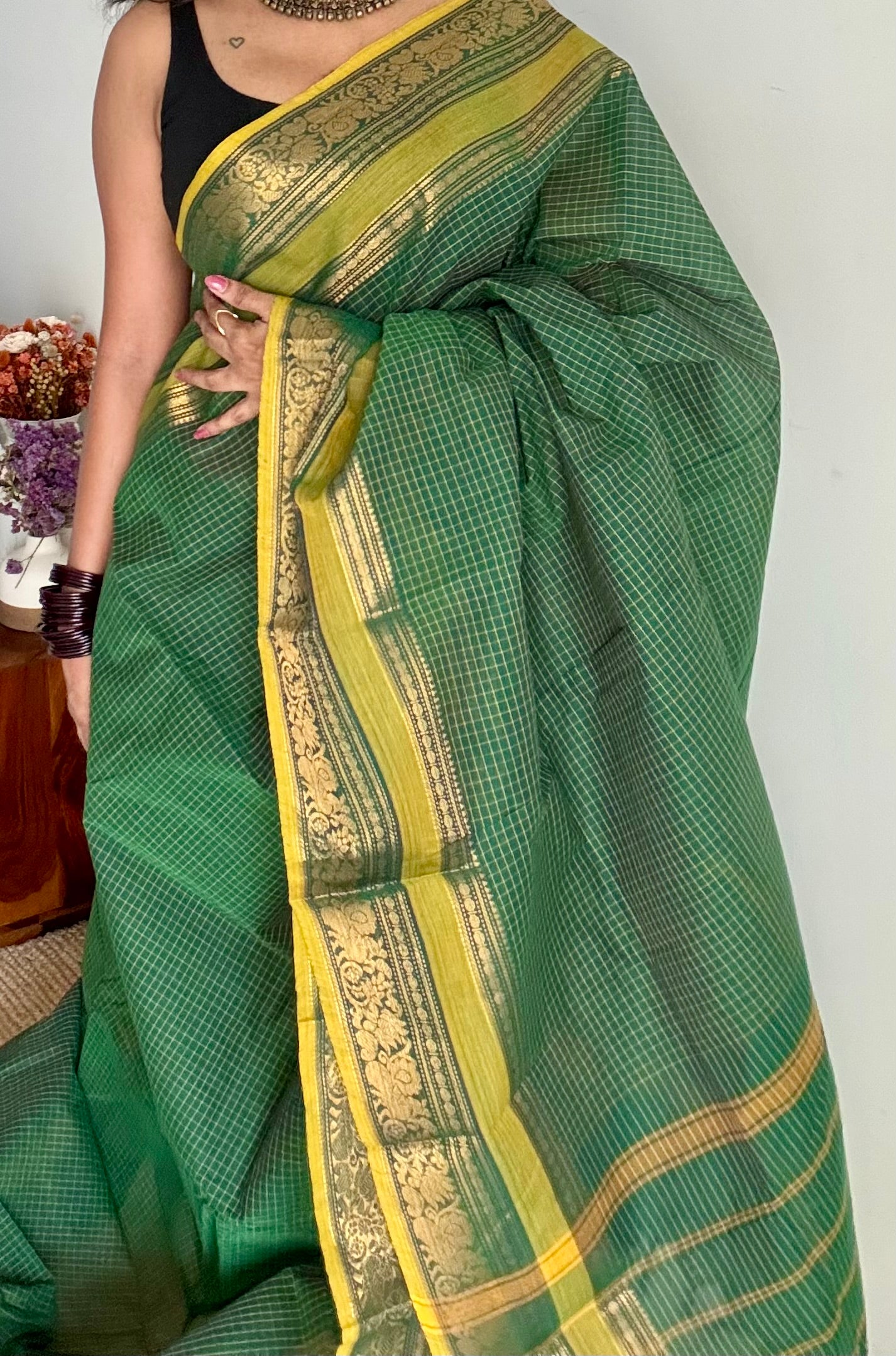 Kanchi cotton saree, green checks with korvai border - YCCOTNAP74