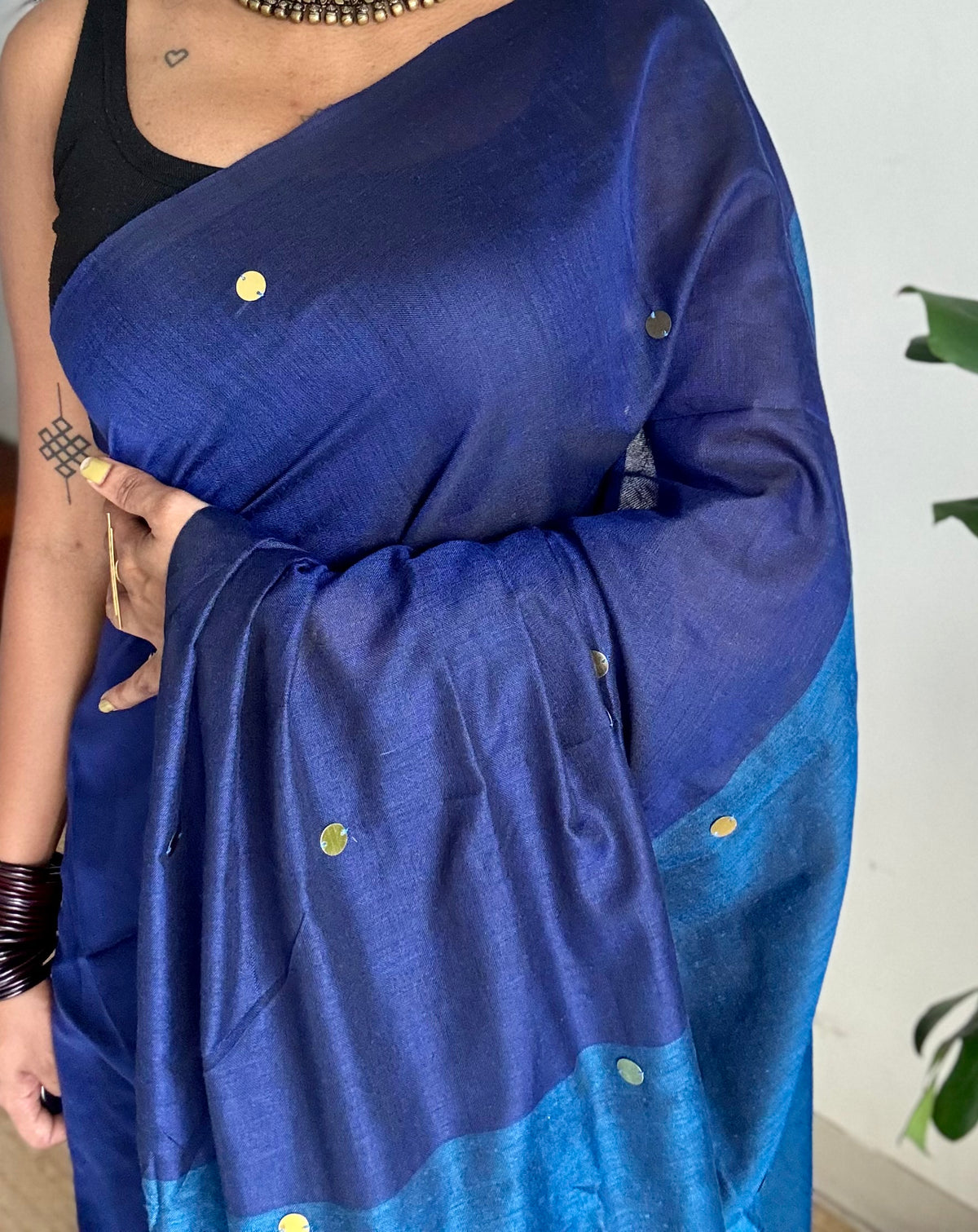 Dark blue with peacock blue contrast pallu, gini sequins, soft cotton saree - YCBCSCOC05