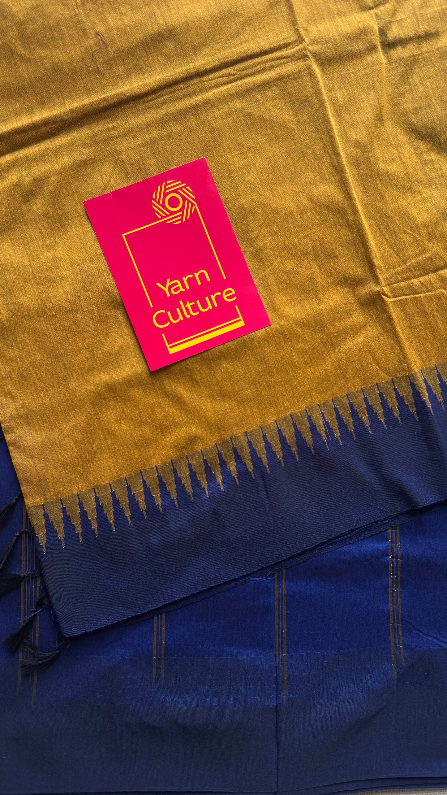 Turmeric yellow with blue contrast, temple border saree, cotton silk - YCCOTNTBFE57