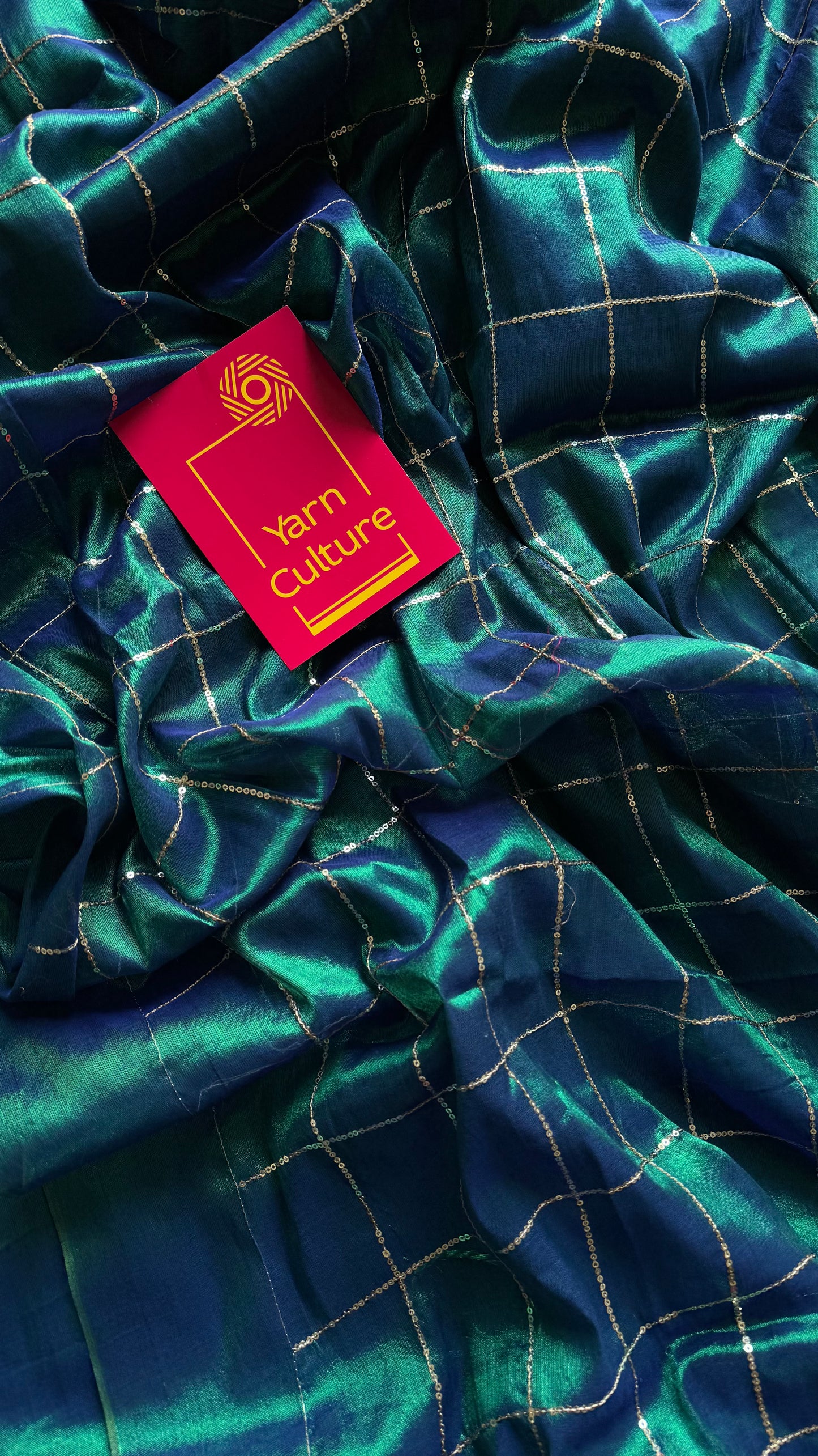 Peacock blue, checkered sequins work, mul tissue - YCBCMCJA09