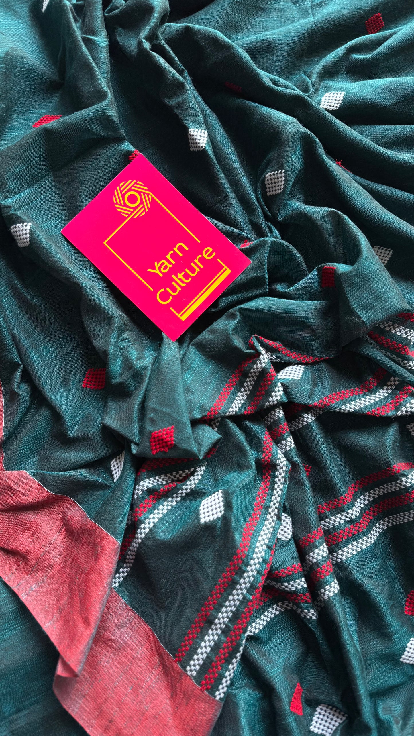 Peacock green with burnt red, soft khadi cotton with woven motifs - YCBCKCDE27