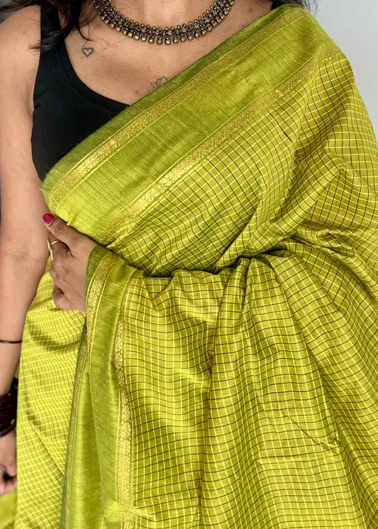 Olive Green, Arani checks, cotton silk - YCCOTNOCAR04