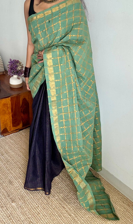 Mint green with black, sungudi cotton half-half saree - YCCOTNIDMA293