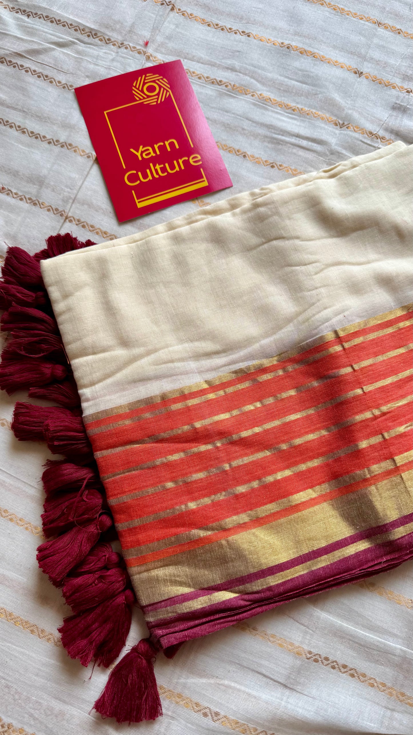 Ivory mul saree, orange with maroon striped border - YCIEON13