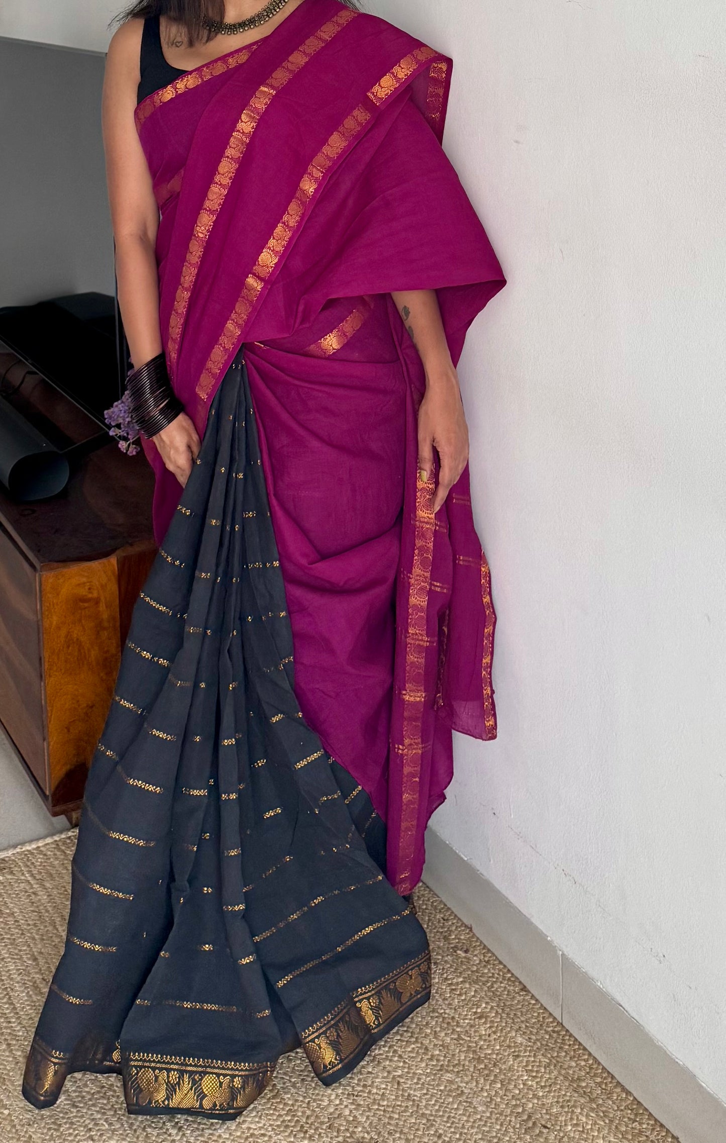 Purple pink (vadamalli) with black, sungudi cotton half-half saree - YCCOTNMSFE359