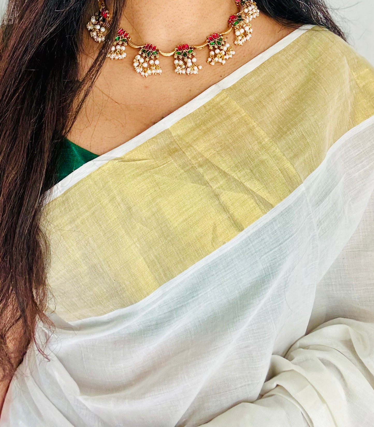 Ruby and green lotus with pearl hangings, with earrings - YCGPNP776