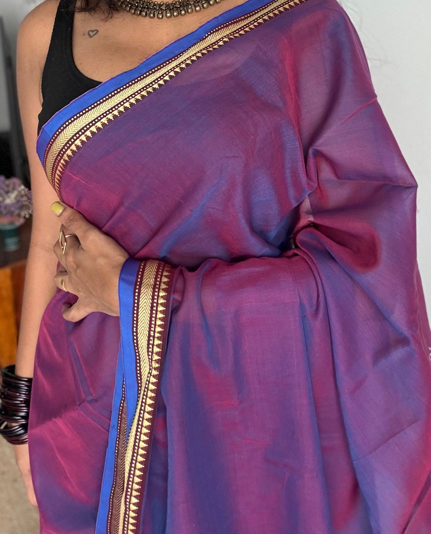 Purple pink with blue border narayanpet saree, soft cotton - YCWOTDNPFE28