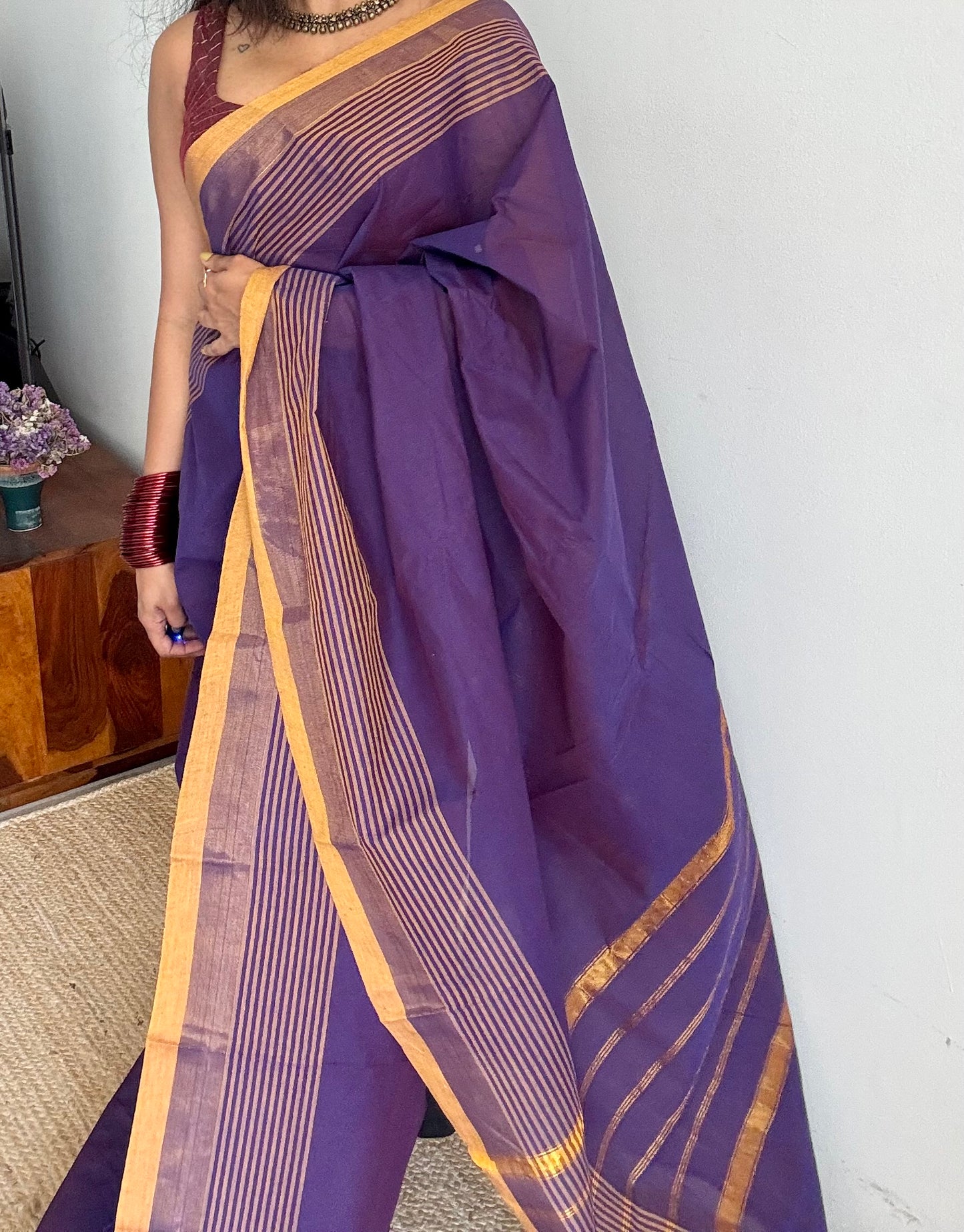Violet and yellow Chettinad cotton saree with gold striped zari border - YCCOTNCCFE154