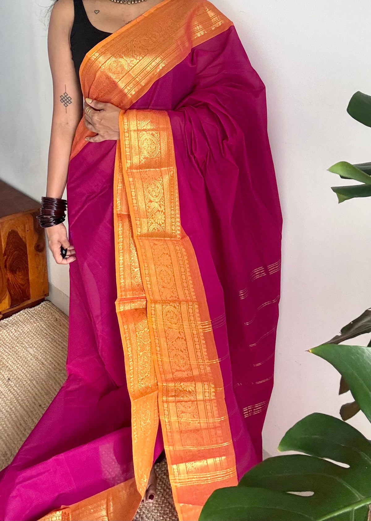 Magenta with turmeric yellow zari border chettinad cotton saree - YCCOTNCKSE17