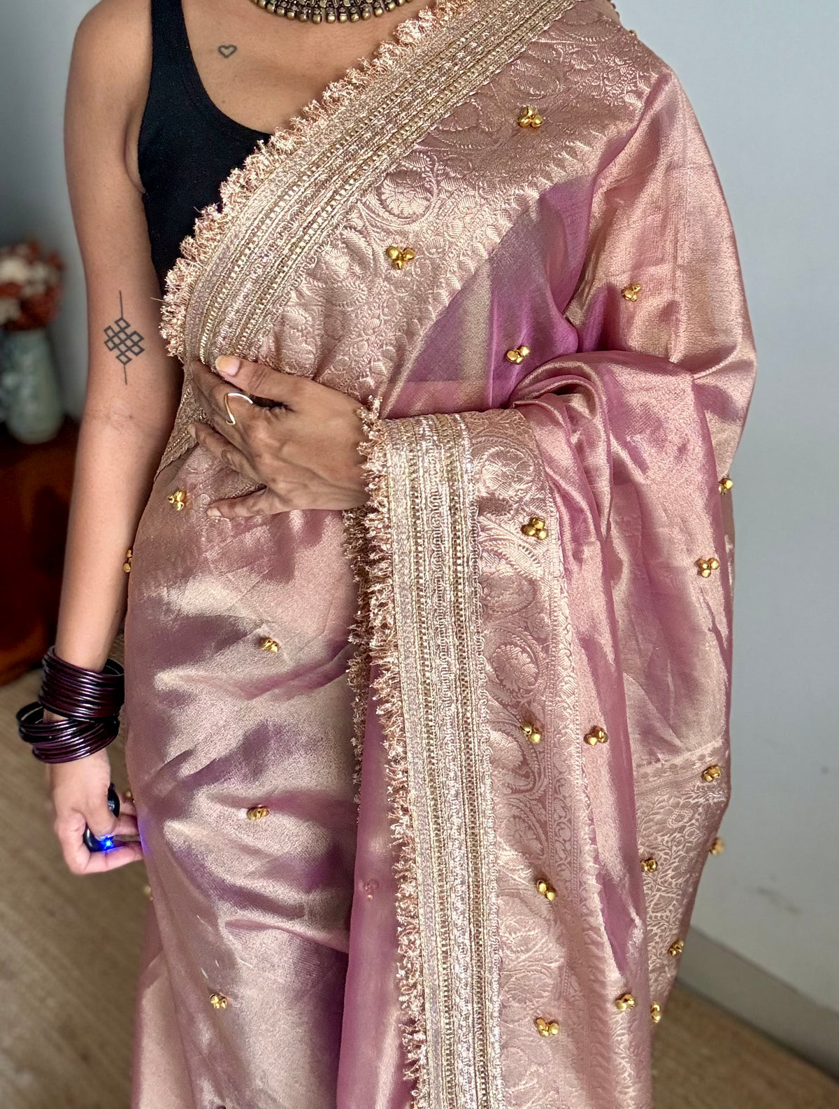 Pink gold tissue Banarasi saree with ghungroo embellishments and zari border - YCBLTOC71