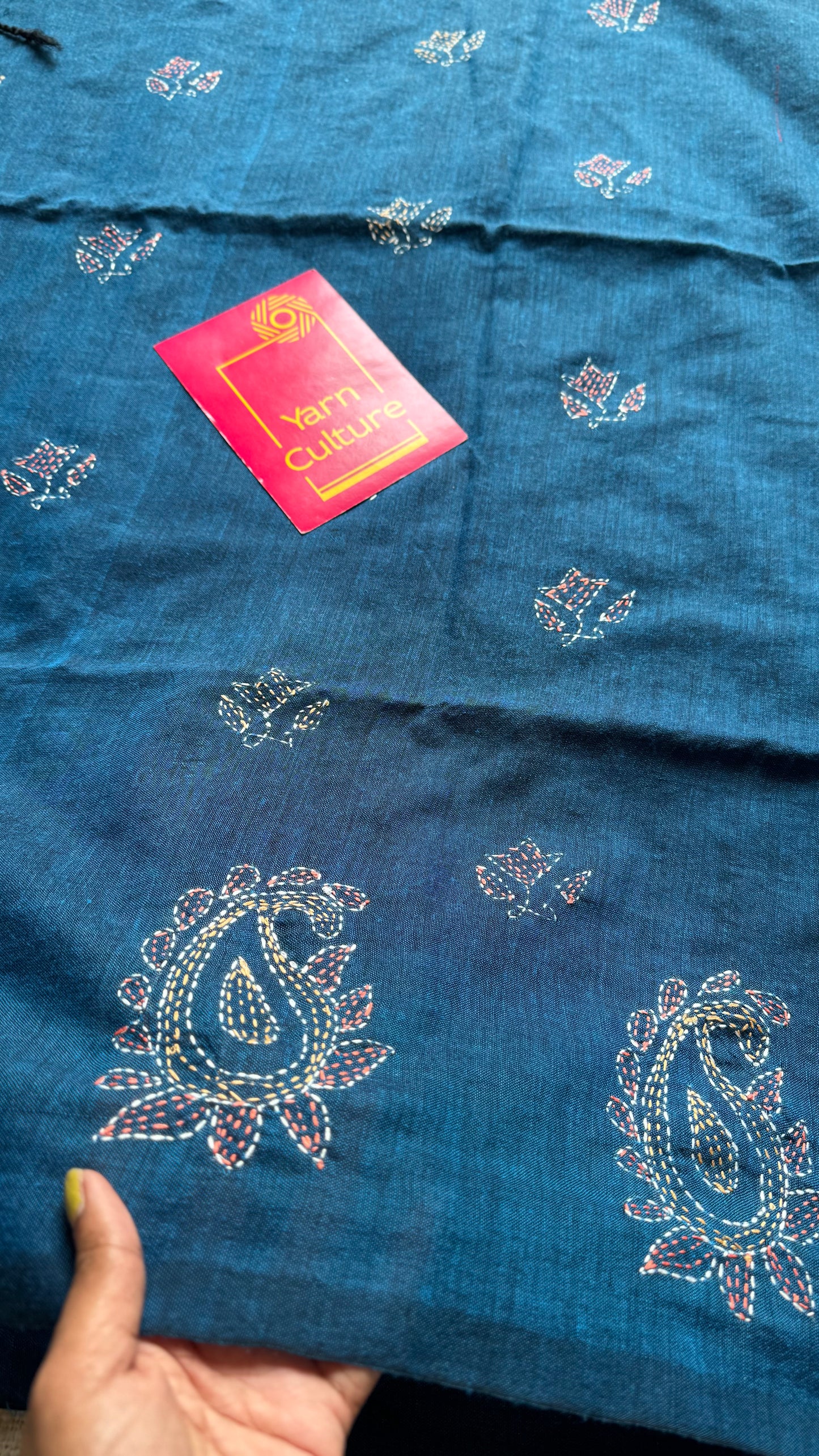 Morupankhi (মরুপঙ্খী) - Peacock Feather, peacock blue kantha weave in soft khadi cotton - YCBCSEKC06