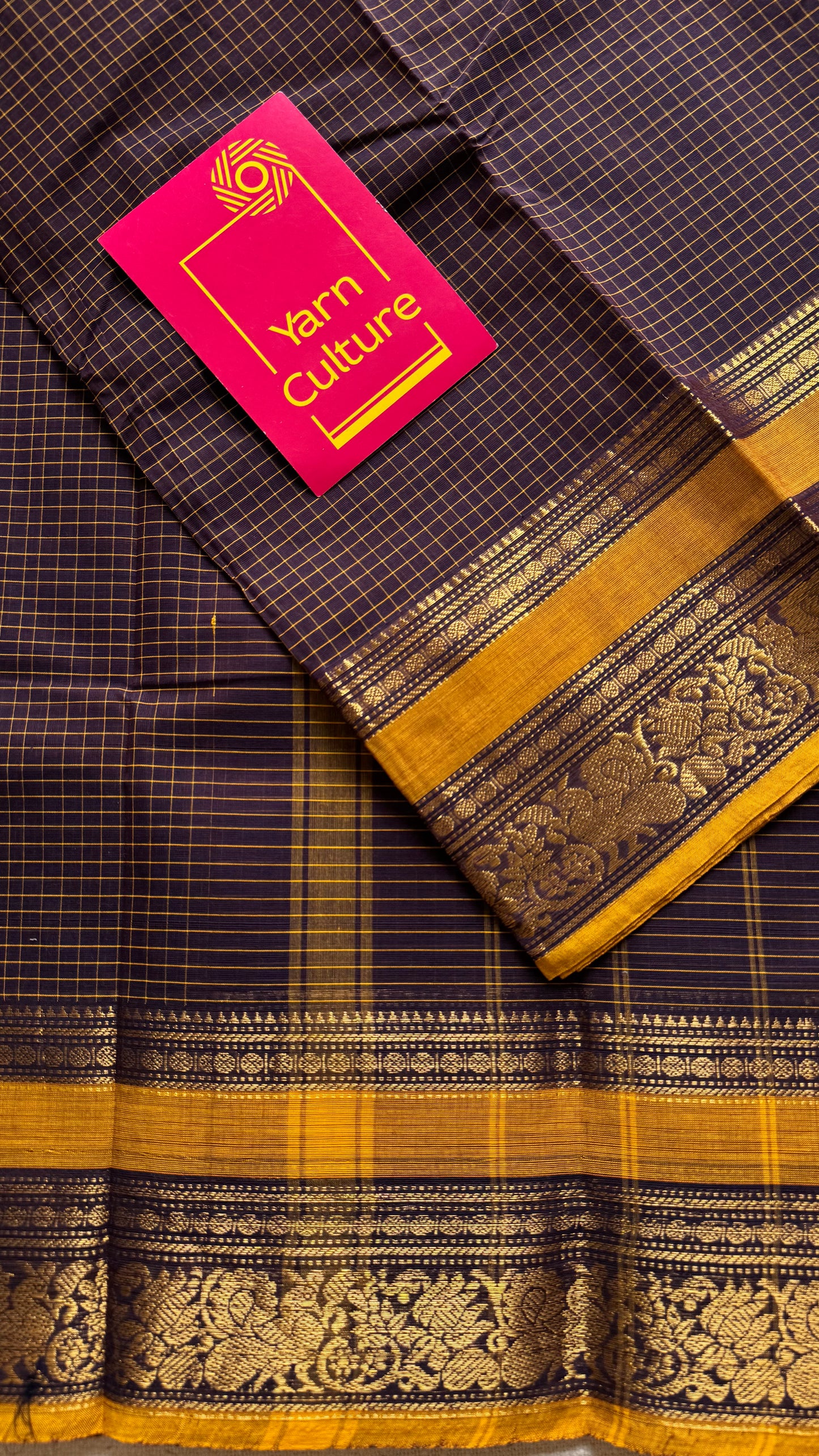 Kanchi cotton saree, dark brown checks with korvai border - YCCOTNAP73