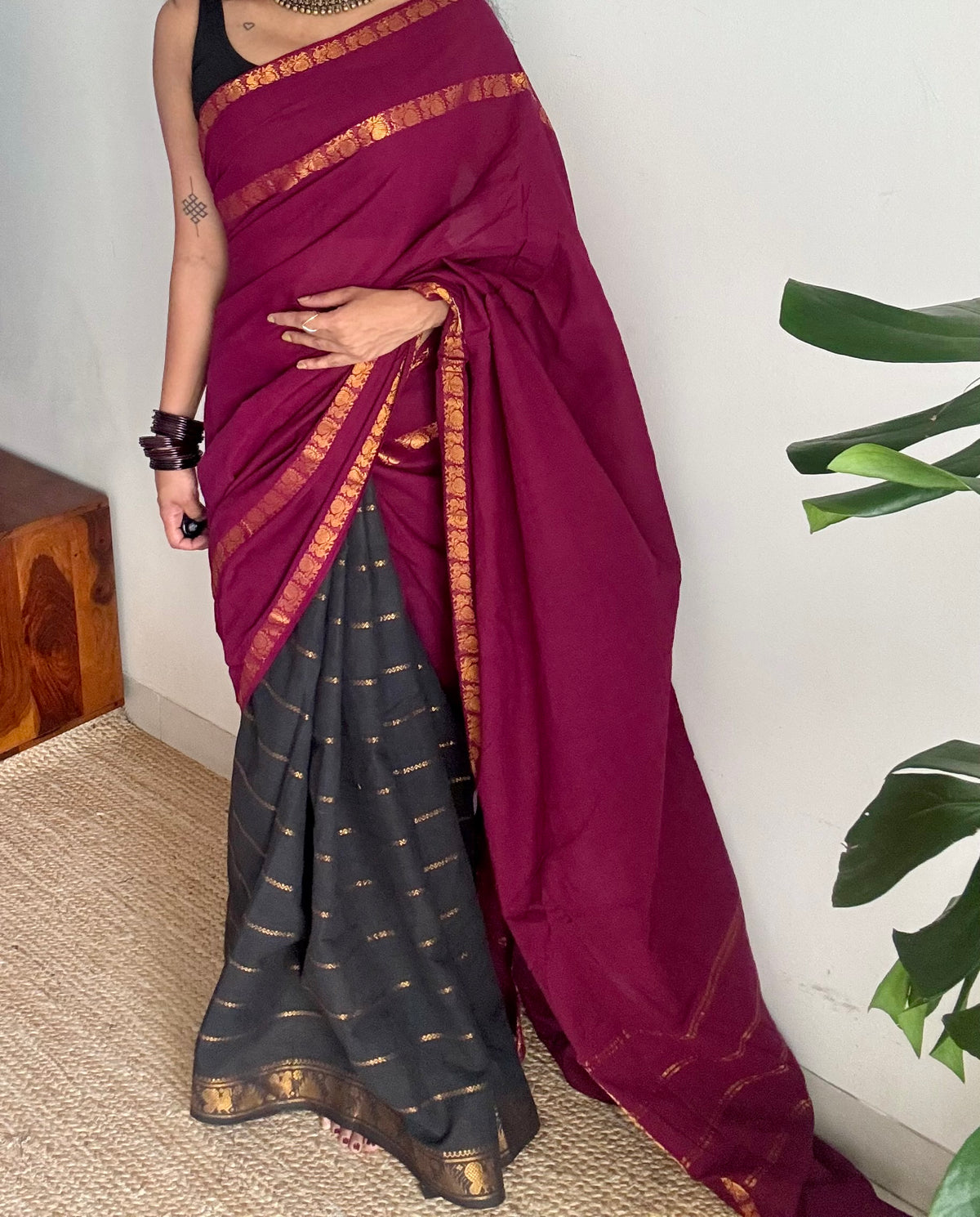 Purple pink (vadamalli) with black, sungudi cotton half-half saree - YCCOTNIDOC20
