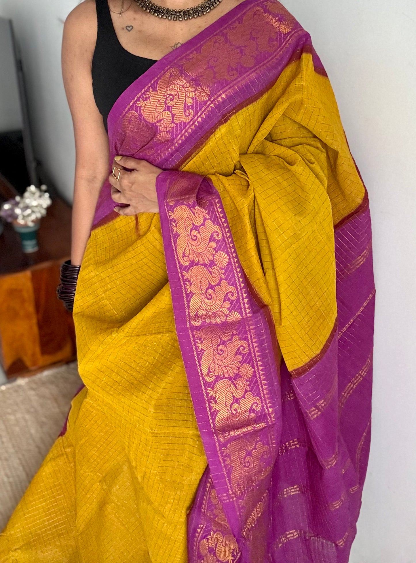 Ginger yellow with magenta checkered sungudi, madurai cotton - YCCOTNSUDE46