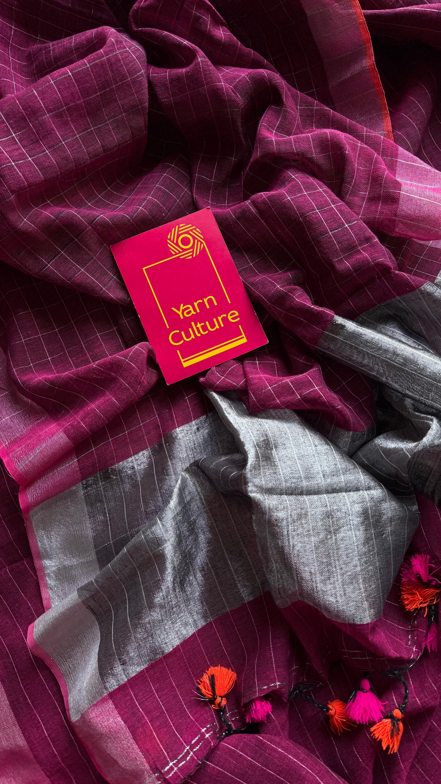 Ruby linen by cotton saree, silver checks & zari pallu - YCBCLCFE387
