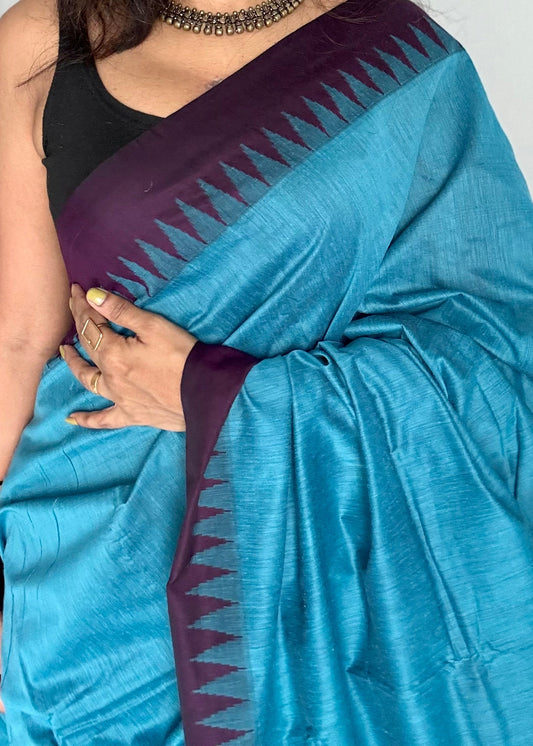 Blue with wine contrast, temple border saree, cotton silk - YCCOTNTBFE58
