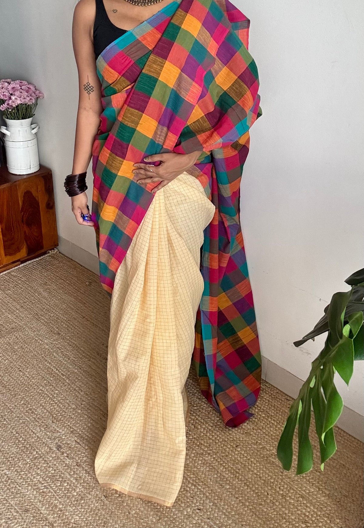 Ivory with multicoloured madras checks, cotton half and half saree - YCCOTNIDOC162