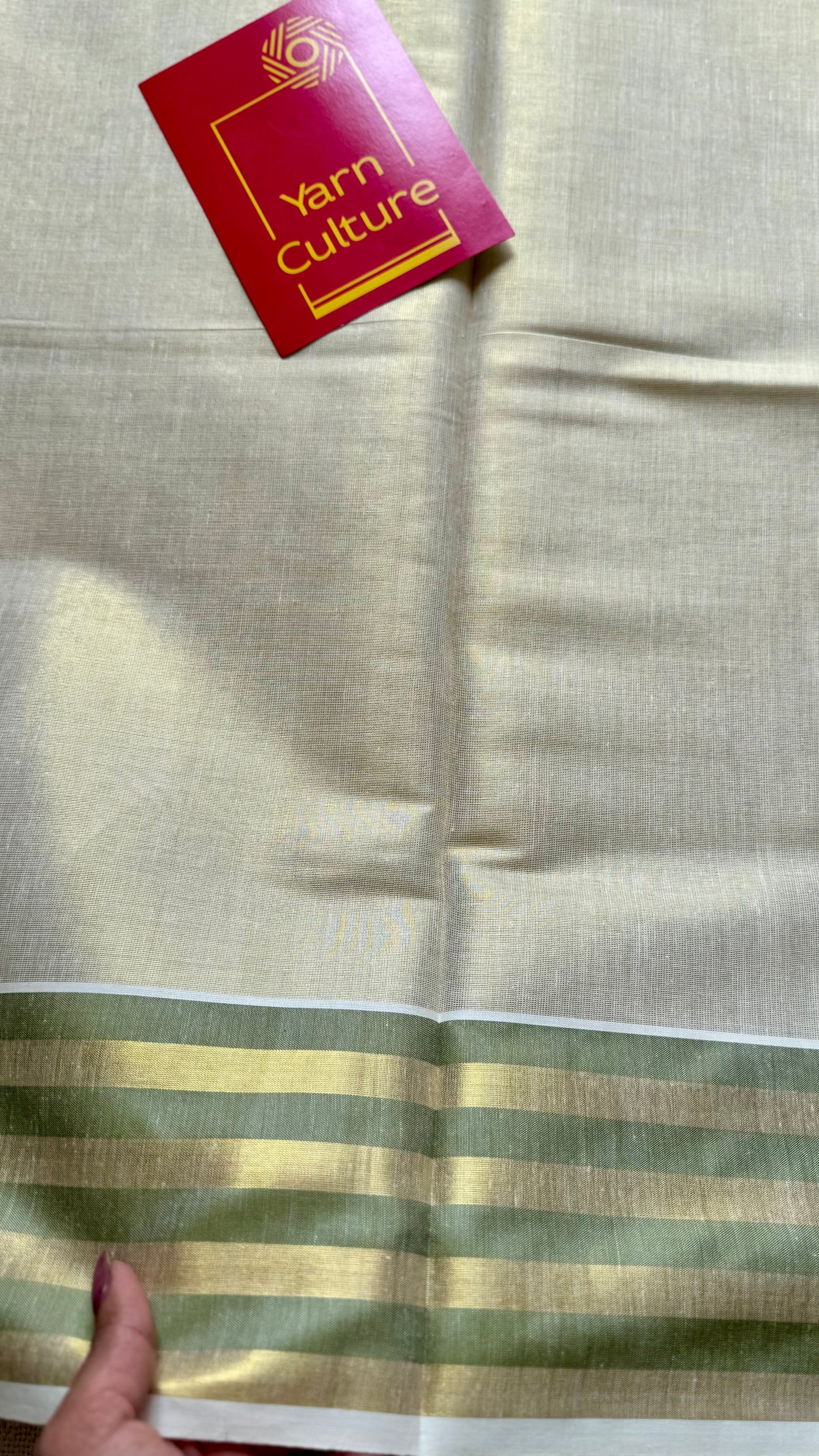 Ivory and gold soft tissue cotton saree, light green border - YCIEON65