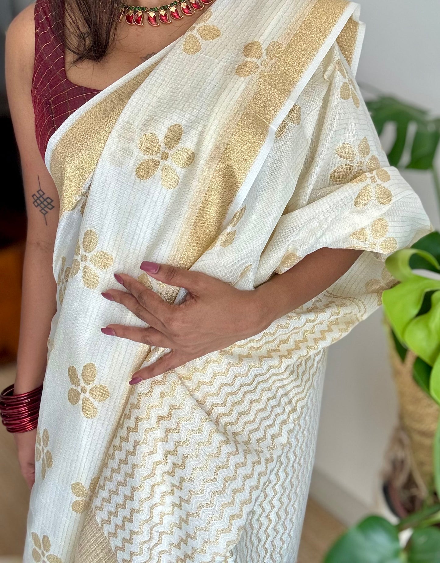 Ivory and gold soft net cotton saree, gold floral prints - YCIEON64