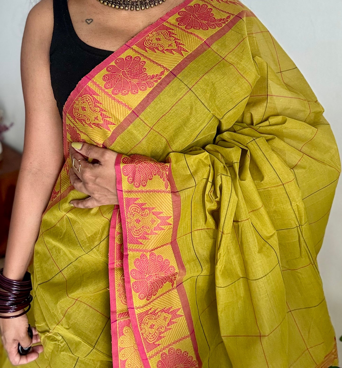 Chettinad cotton saree with lime green and pink checks, thread motif border - YCCOTNJUCC04