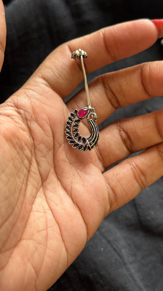 Bugadi clip-on (non pierced), ruby stone, peacock pattern, oxidised silver - YCOSEBU513