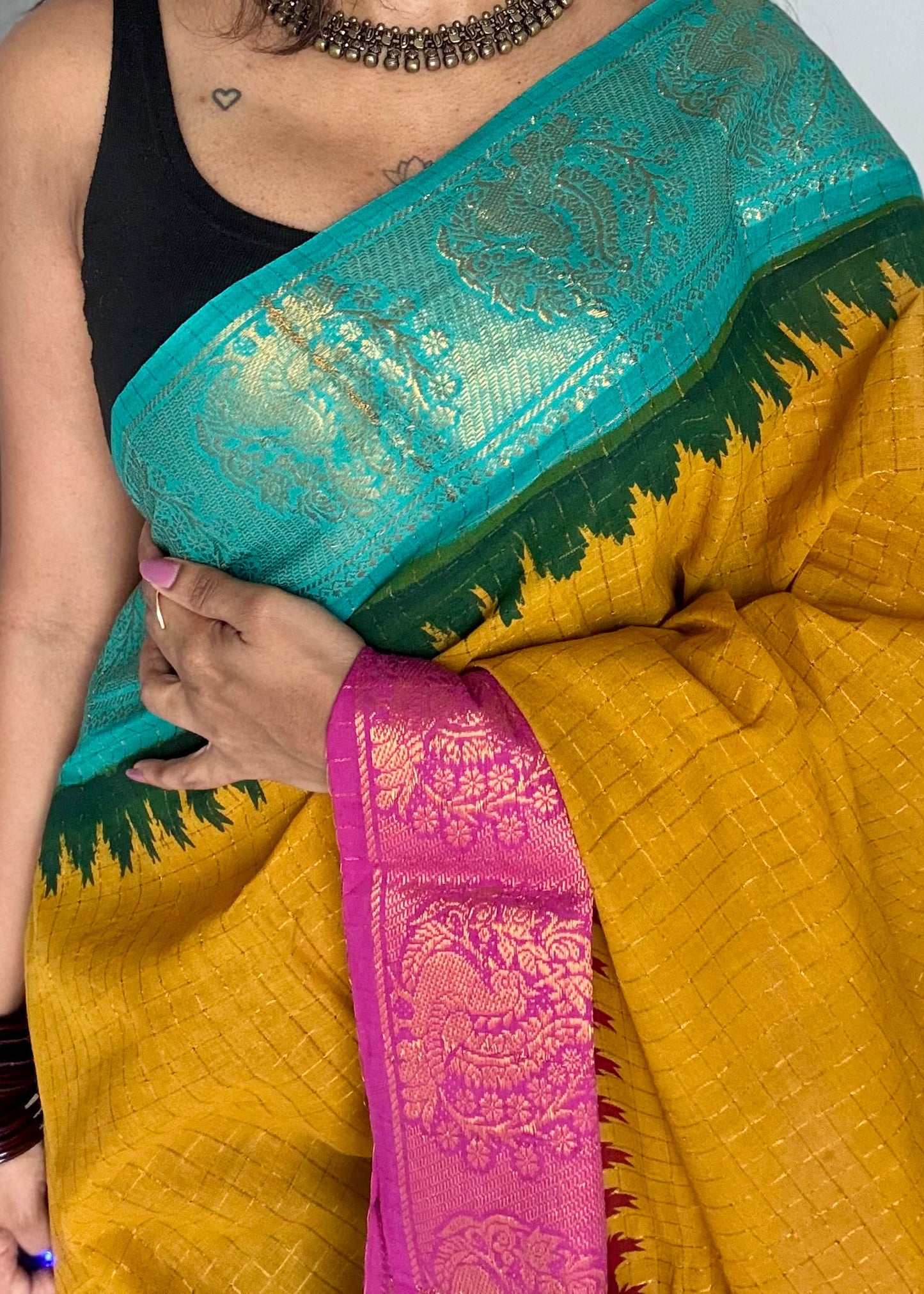 Sungudi cotton checks, mustard yellow base, turquoise and magenta dual tone border, soft cotton - YCCOTNGJJA179